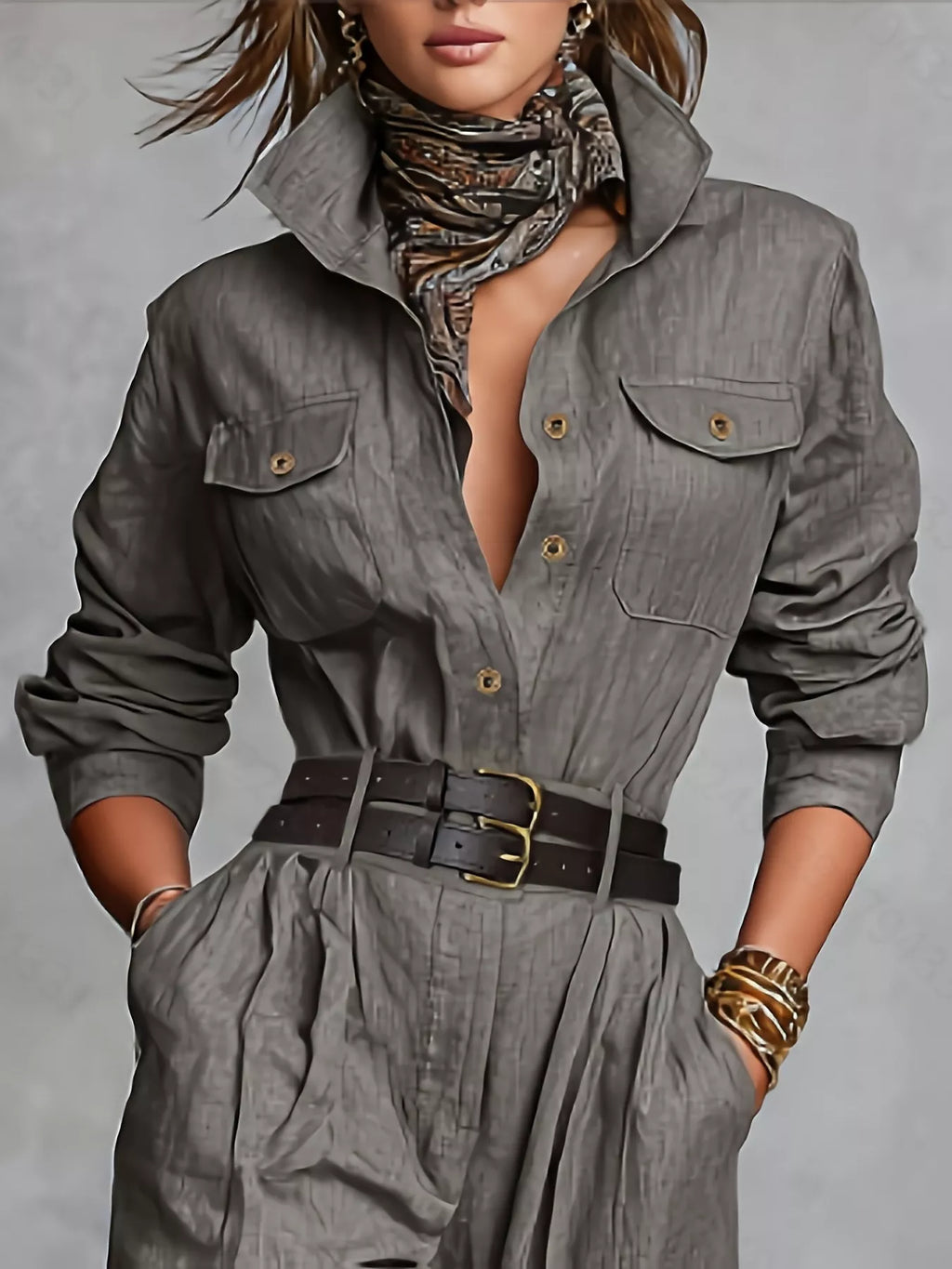 Button-Front Belted Long-Sleeve Jumpsuit