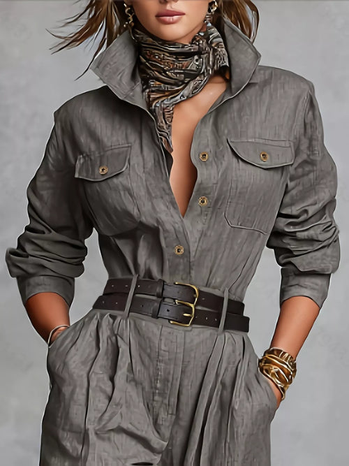 Button-Front Belted Long-Sleeve Jumpsuit