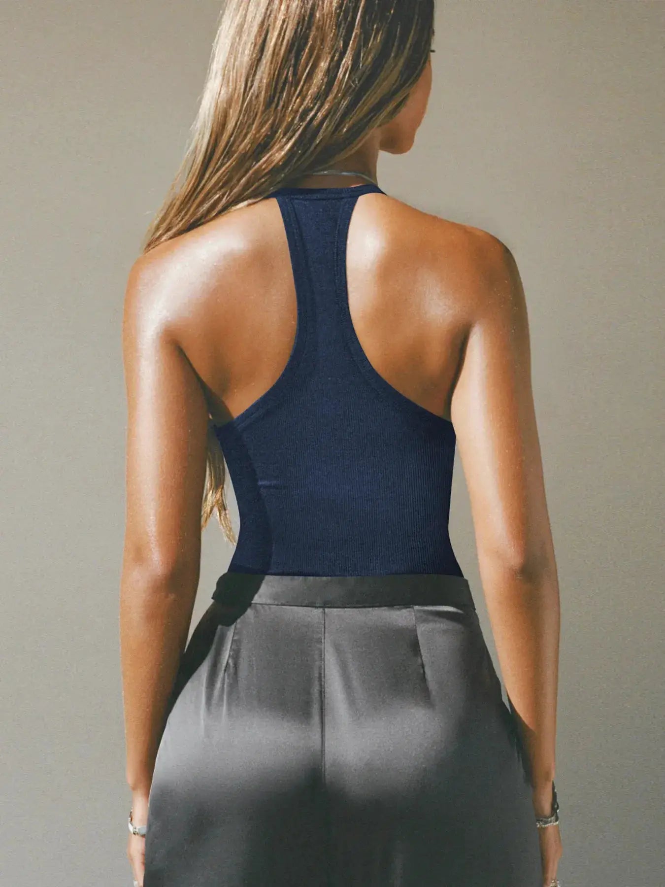 Cutout Ribbed Tank Top by Belle Bijouix in navy, racerback design