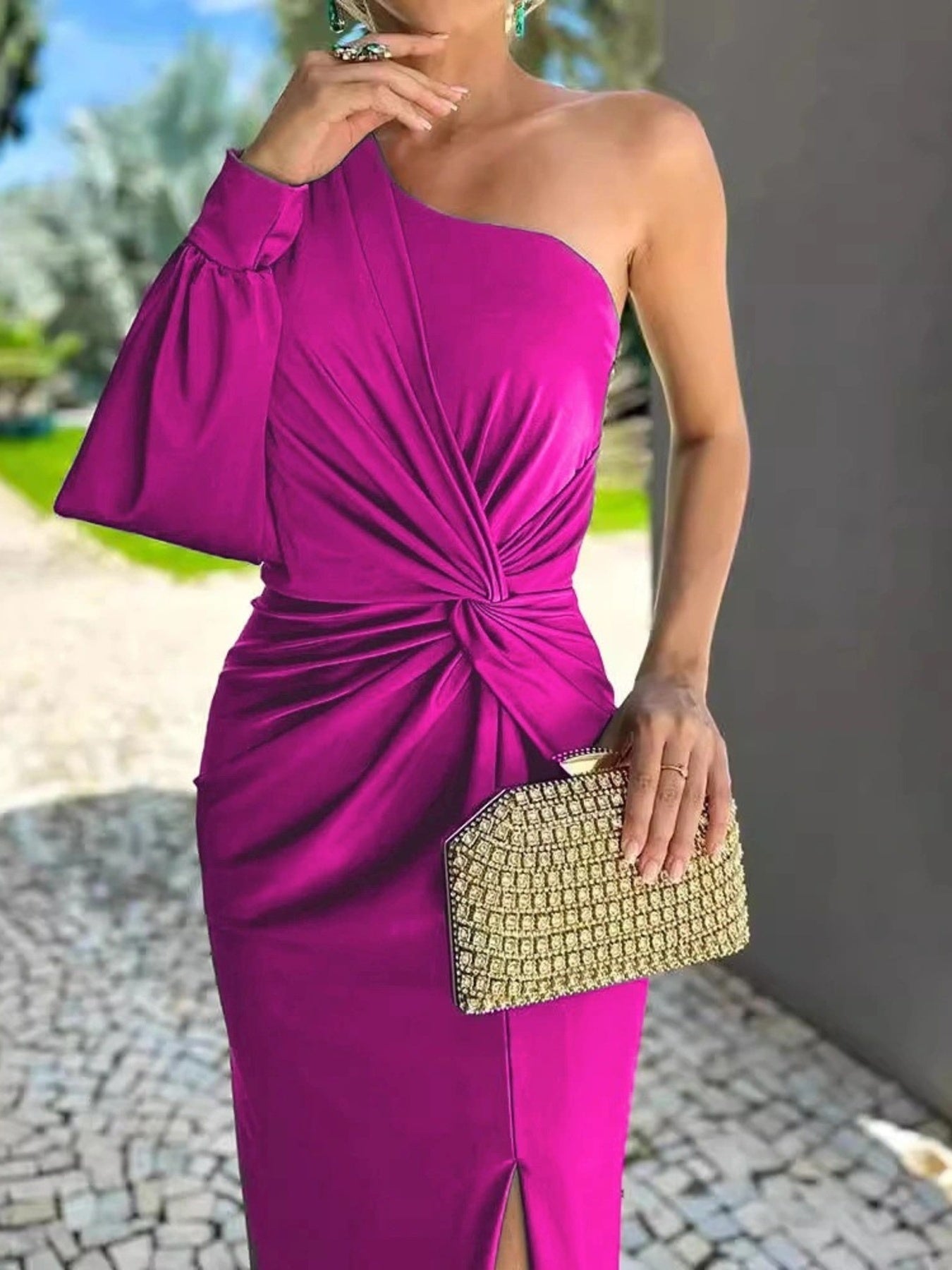 One-shoulder knot-detail magenta maxi dress, plus size, with front slit
