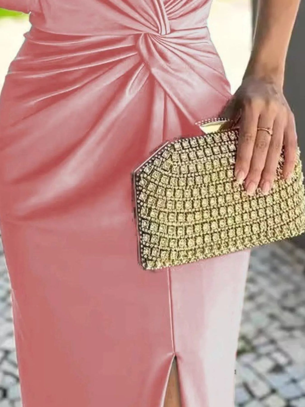 Plus-size pink satin one-shoulder knot-detail maxi dress with side slit
