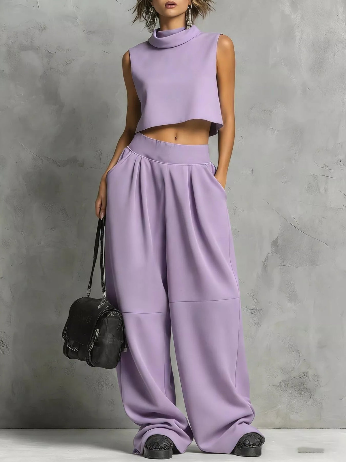 Mock Neck Crop Top & Wide-Leg Sweatpants Set