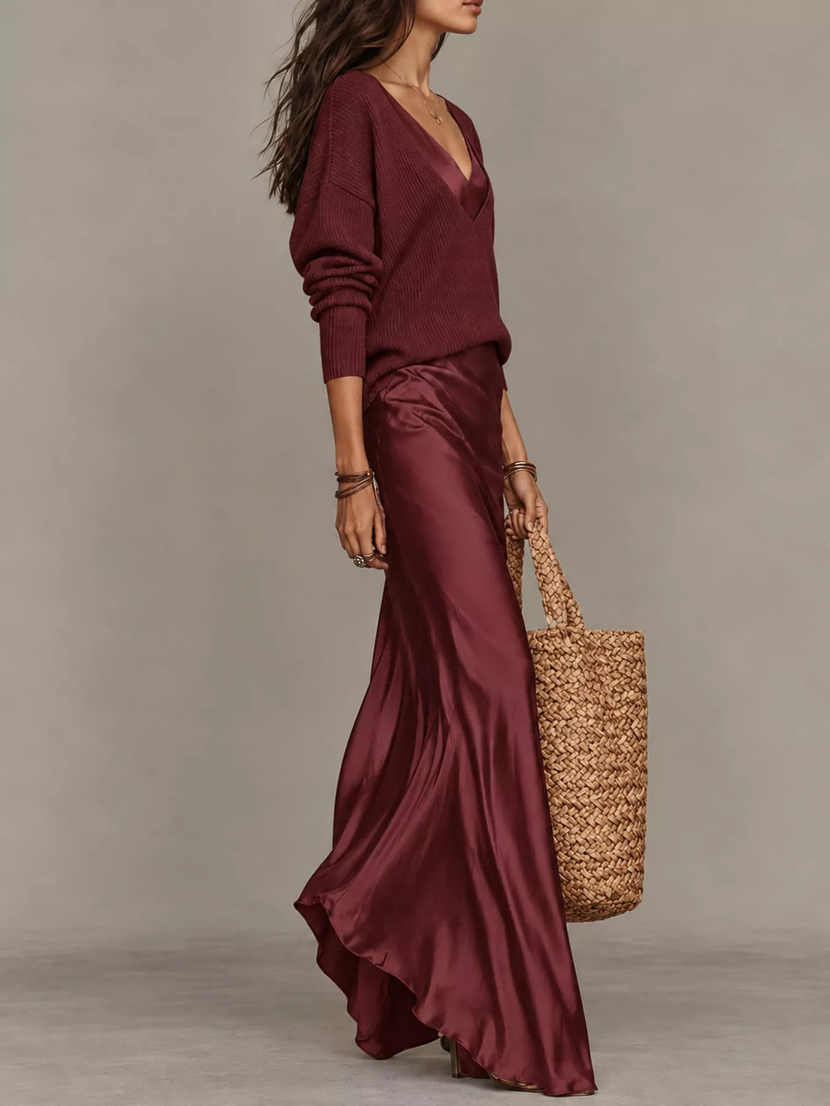 V-Neck Sweater & Satin Slip Maxi Dress Set in Burgundy by Belle Bijouix – view 22 of 41