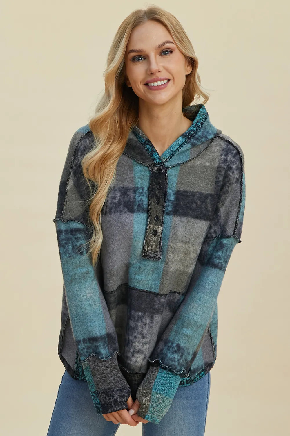 Double Take plaid dropped-shoulder fleece hoodie in teal-gray-blue, pullover with button placket.