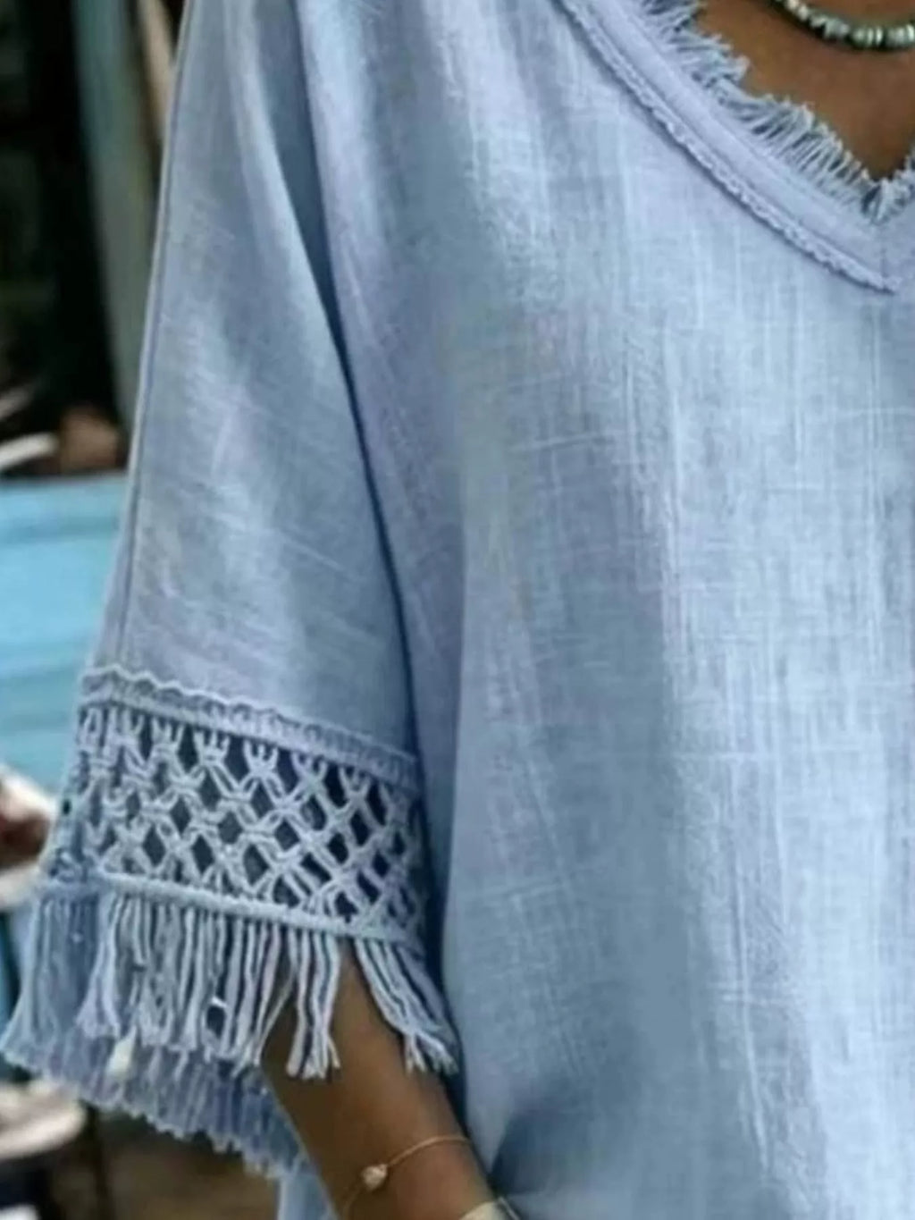 Fringe Trim V-Neck Loose Fit Blouse