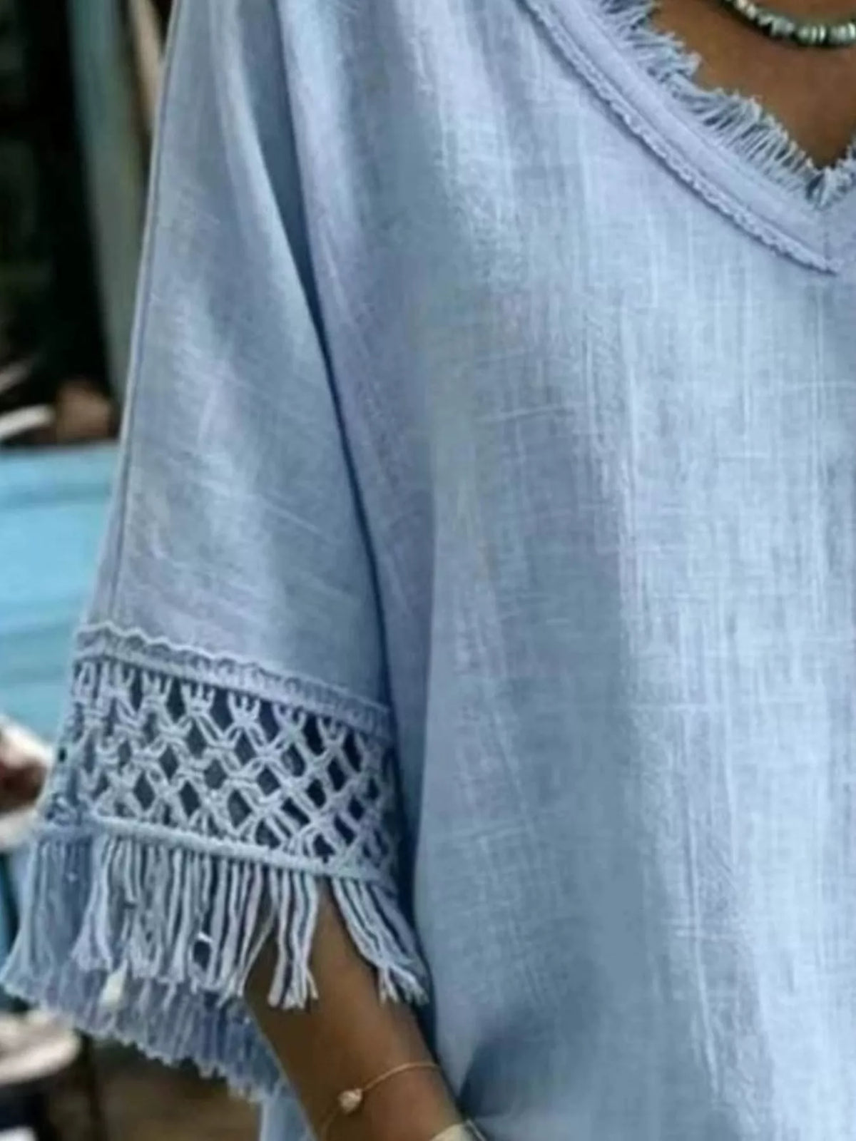 Fringe Trim V-Neck Loose Fit Blouse