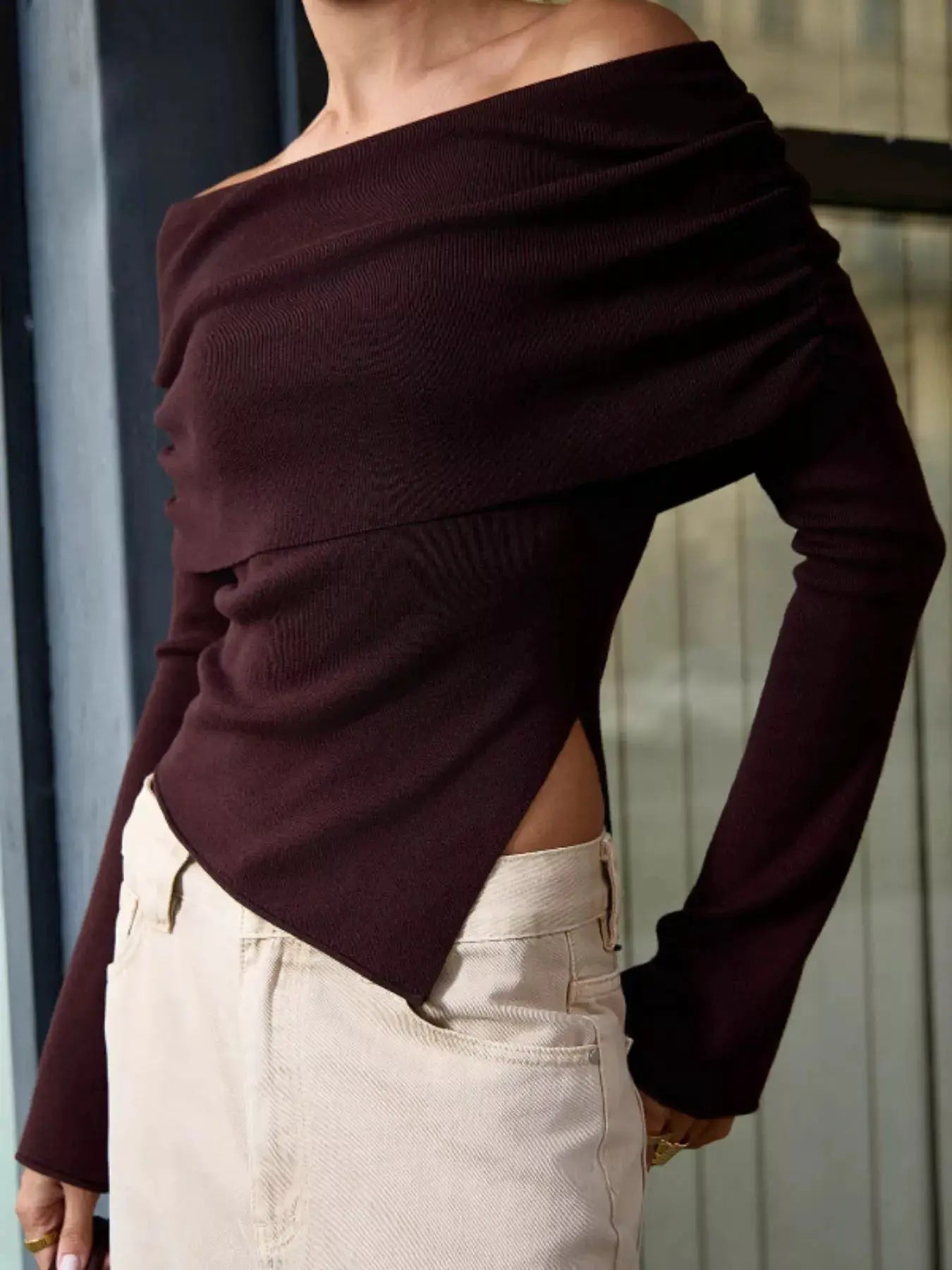 Asymmetrical Hem Off-Shoulder Knit Top, burgundy knit with long sleeves and off-shoulder neckline.