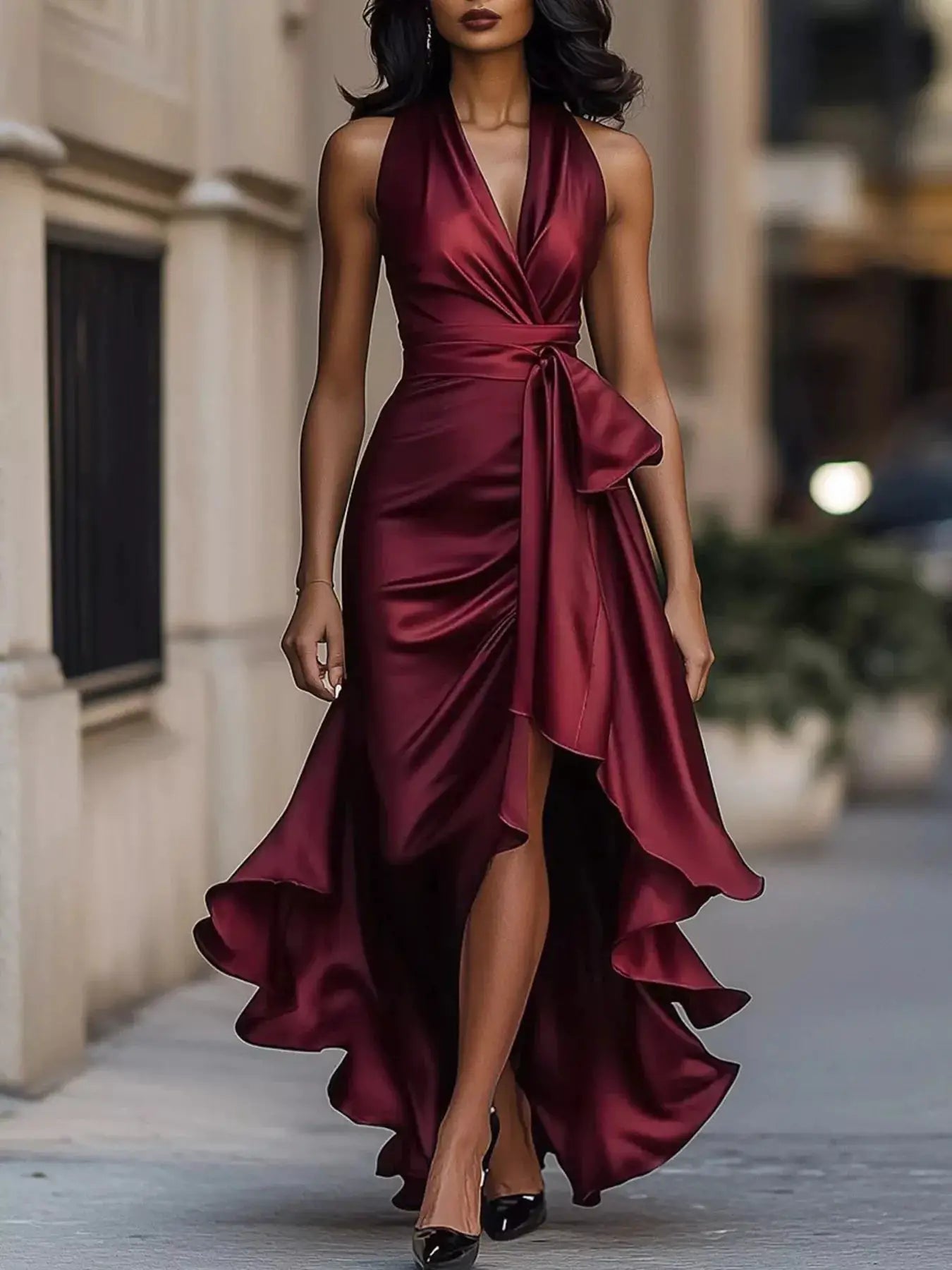 Ruffled halter-neck maxi dress with belt, burgundy polyester, ruched silhouette, side slit