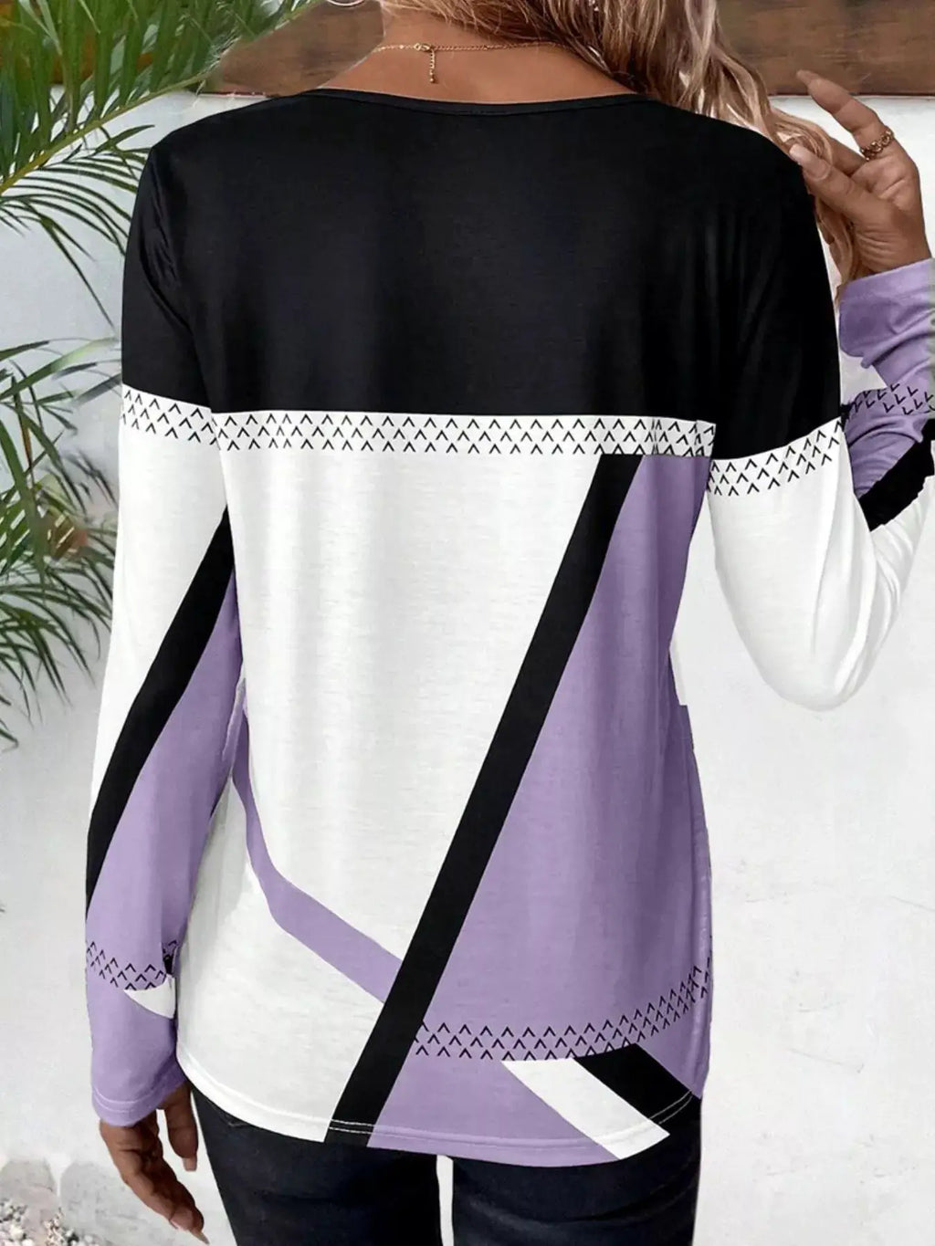 Color Block Long Sleeve T-Shirt, back view with black upper panel, white midsection with triangle pattern, lavender lower panel with diagonal stripe