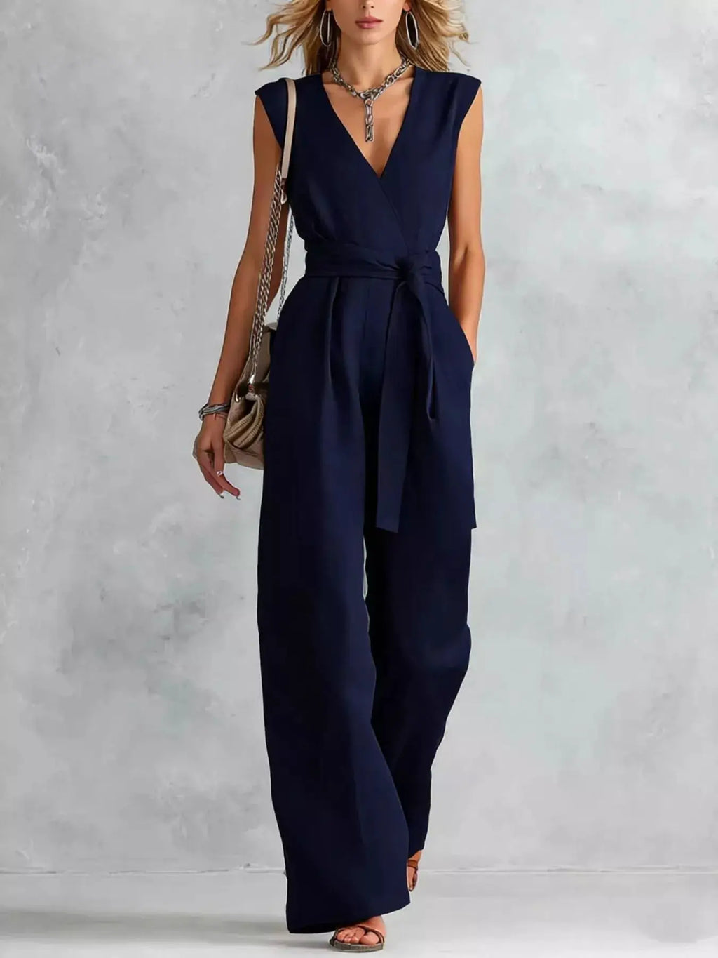 Sleeveless Wide Leg Jumpsuit by Belle Bijouix in navy with waist belt