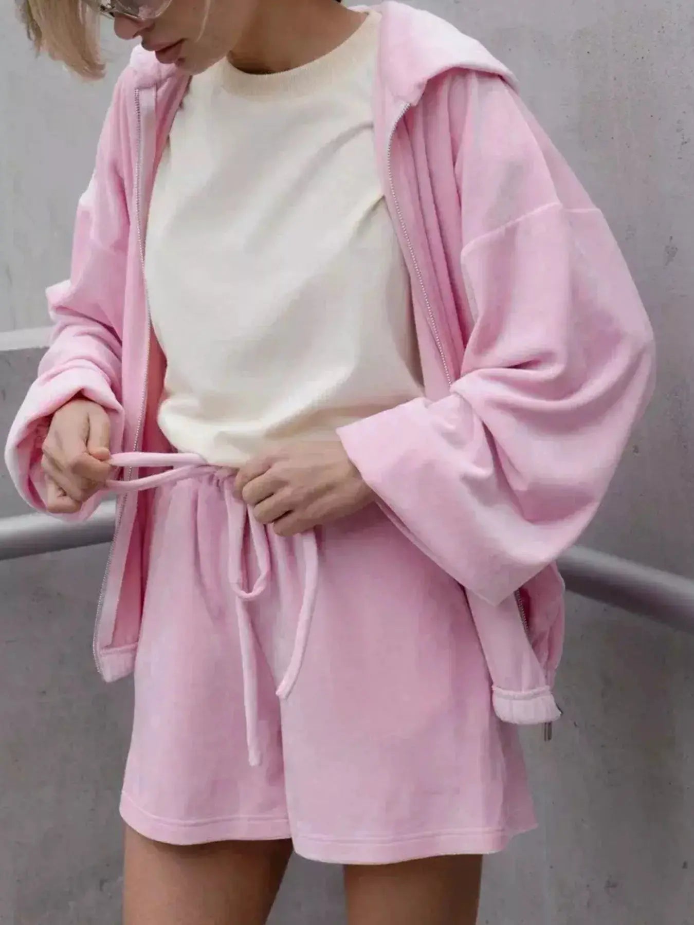 Zip-Up Hoodie & Shorts Activewear Set in pink; two-piece outfit