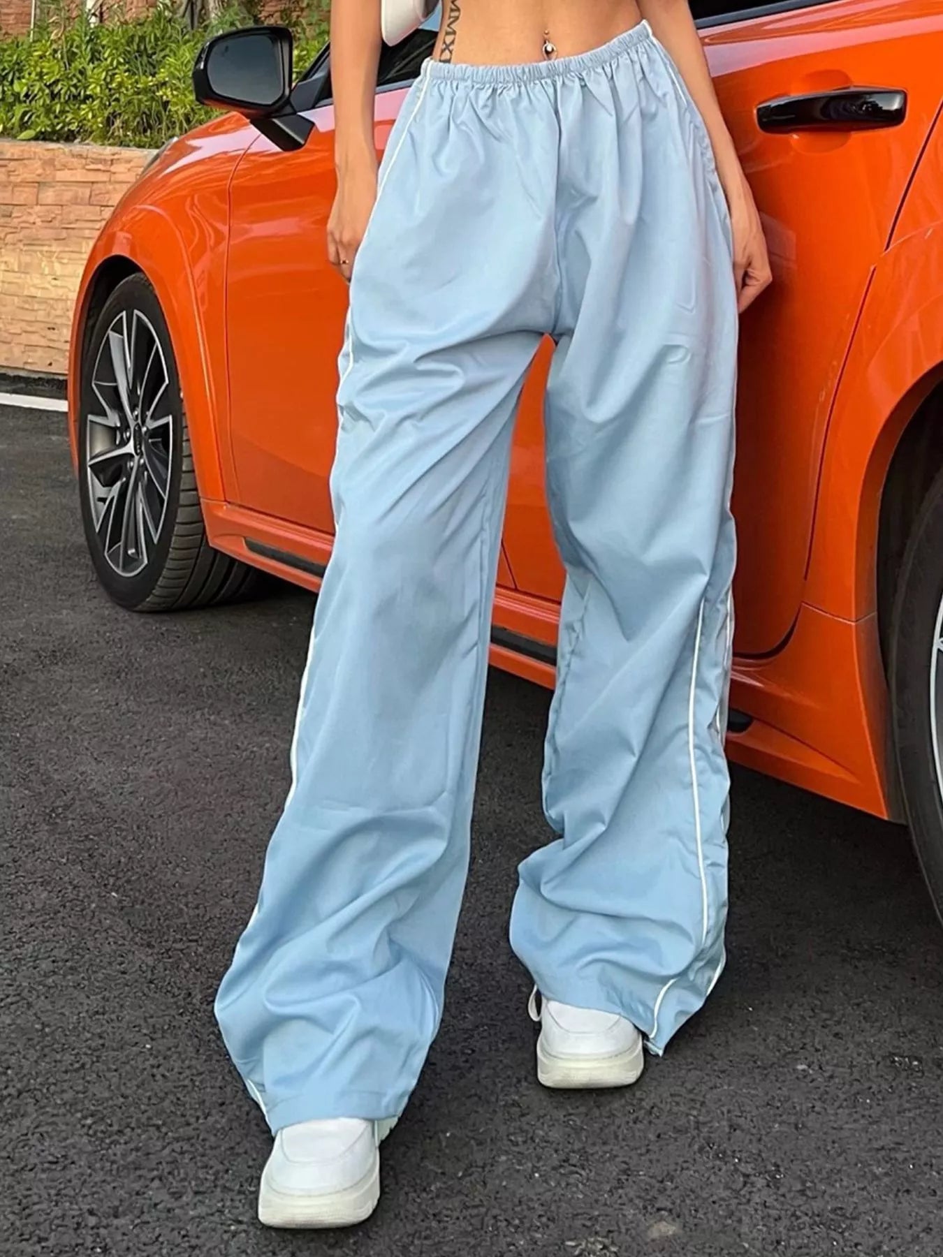 Elastic Waist Wide Leg Pants in light blue with relaxed fit