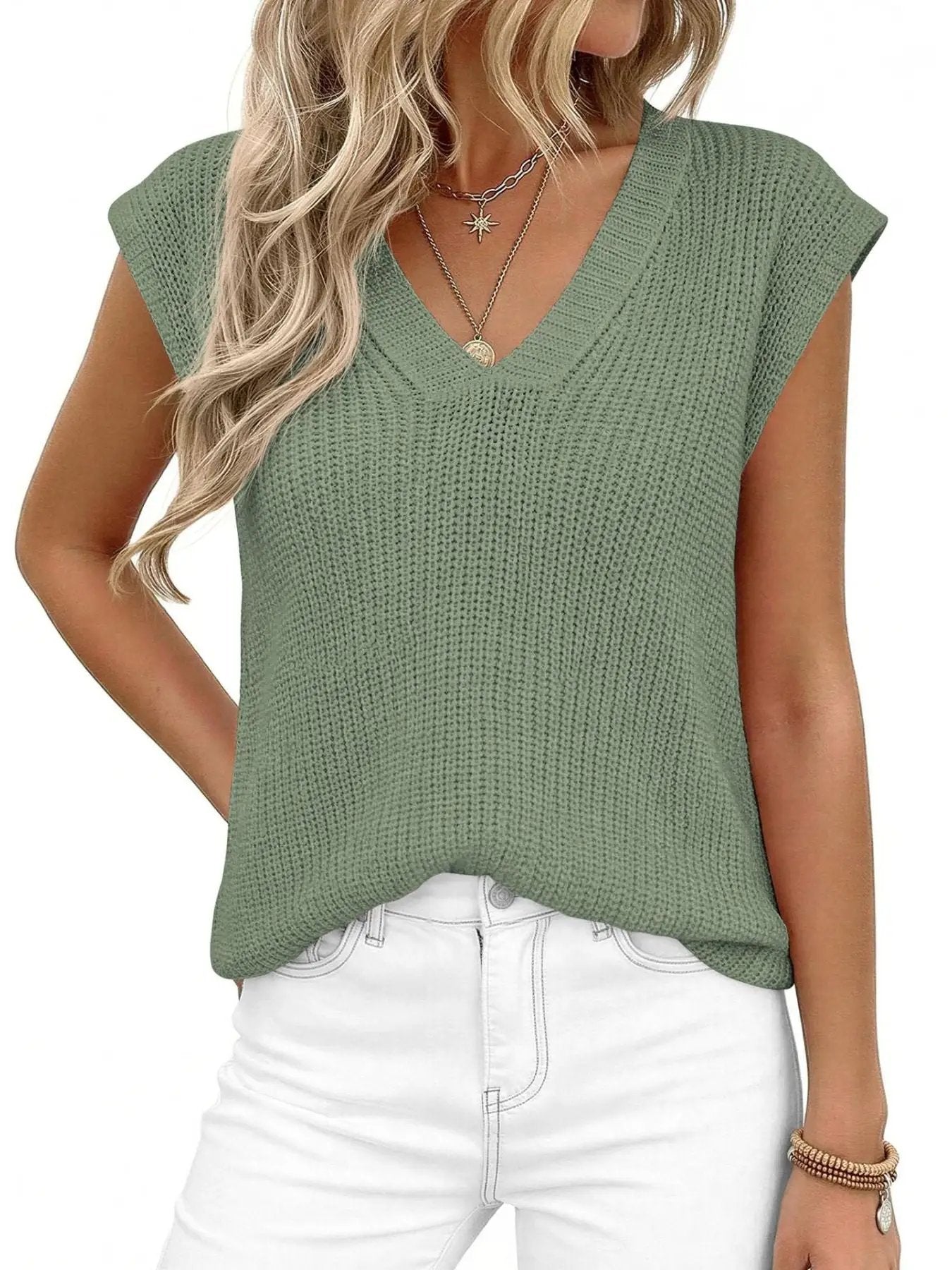 V-Neck Sweater Vest by Trendsi in sage green knit with ribbed texture