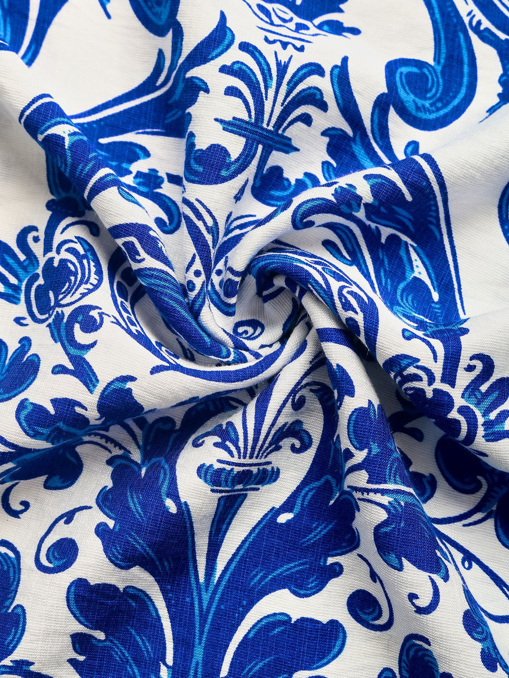 Printed halter neck maxi dress in blue and white damask print.