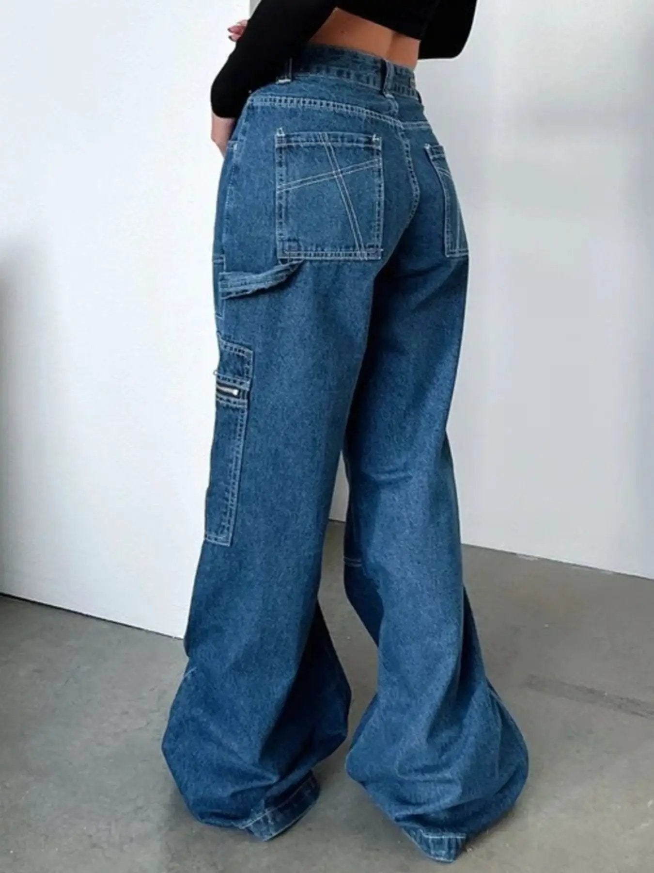 Zipper Pocket Wide-Leg Cargo Jeans in blue denim, back view