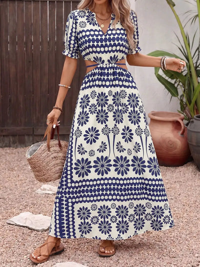 Floral Print Cutout Waist Maxi Dress With Side Slit Premium Polyester Elastane Imported