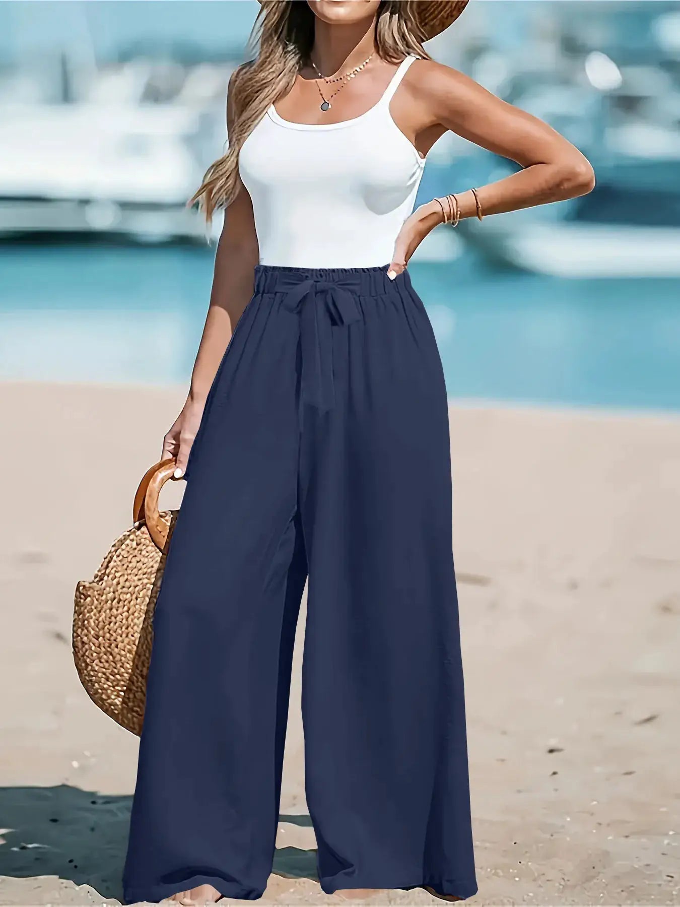 Full Size Drawstring Waist Wide Leg Pants navy with tie waist