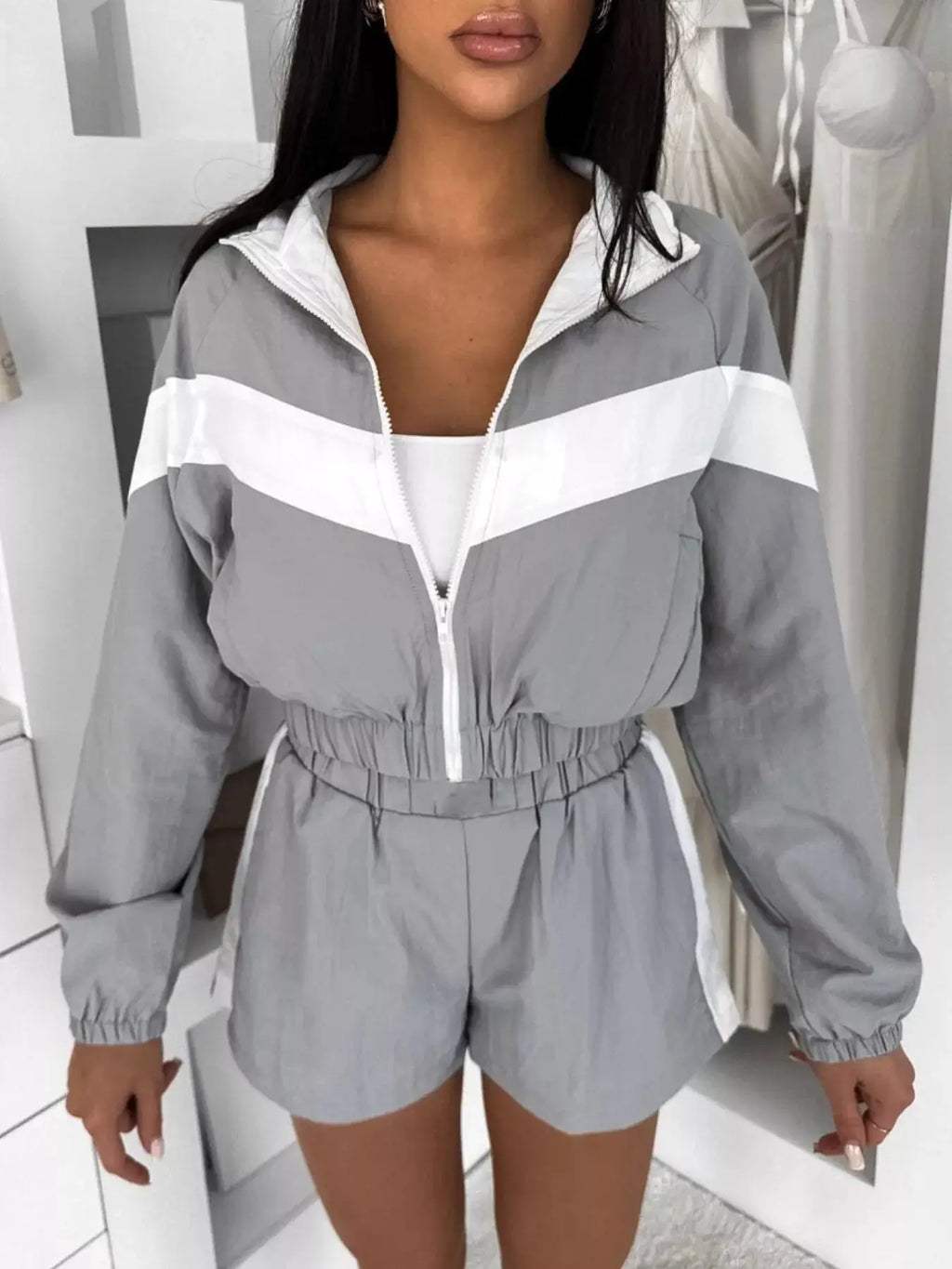 Zip-Up long sleeve outerwear and shorts set in gray with white stripe, women's active two-piece.