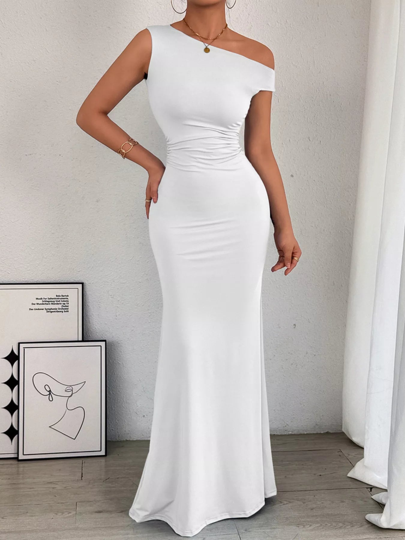 One-Shoulder Ruched Bodycon Maxi Dress in white with side slit