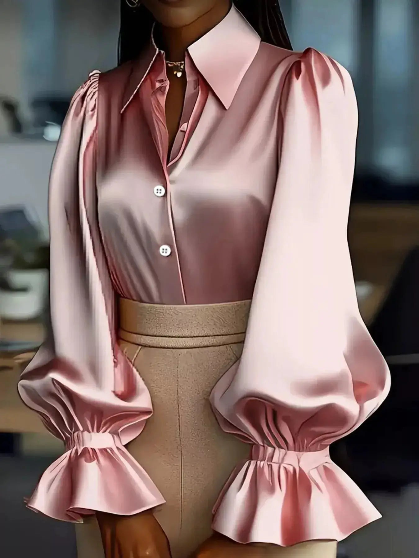 Satin button-up pink shirt with ruched details and dramatic flounce puff sleeves