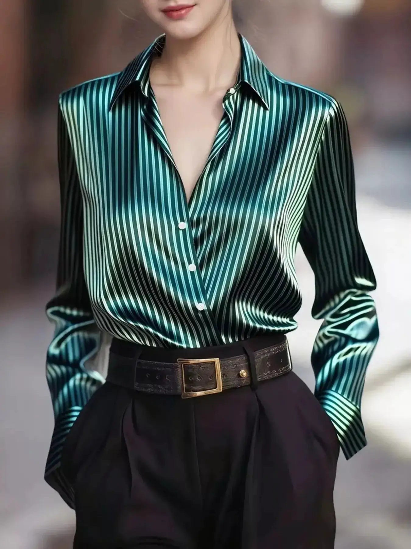Striped long-sleeve shirt by Belle Bijouix in green teal stripes, button-down front.