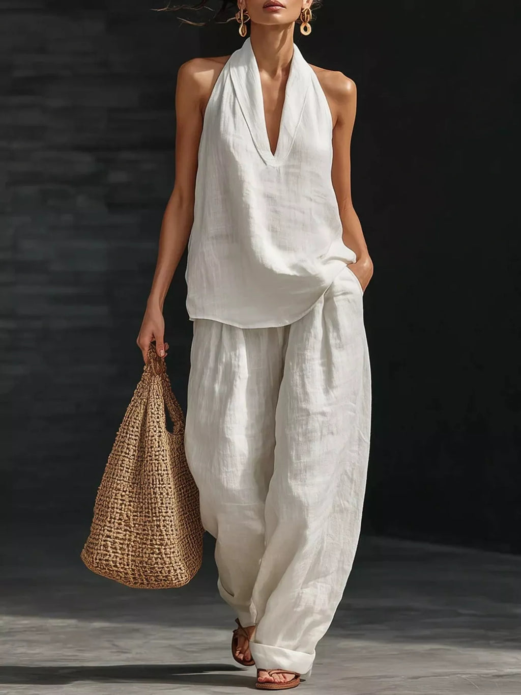 Plus-size halter-neck top and wide-leg linen-look pants set in cream by Trendsi