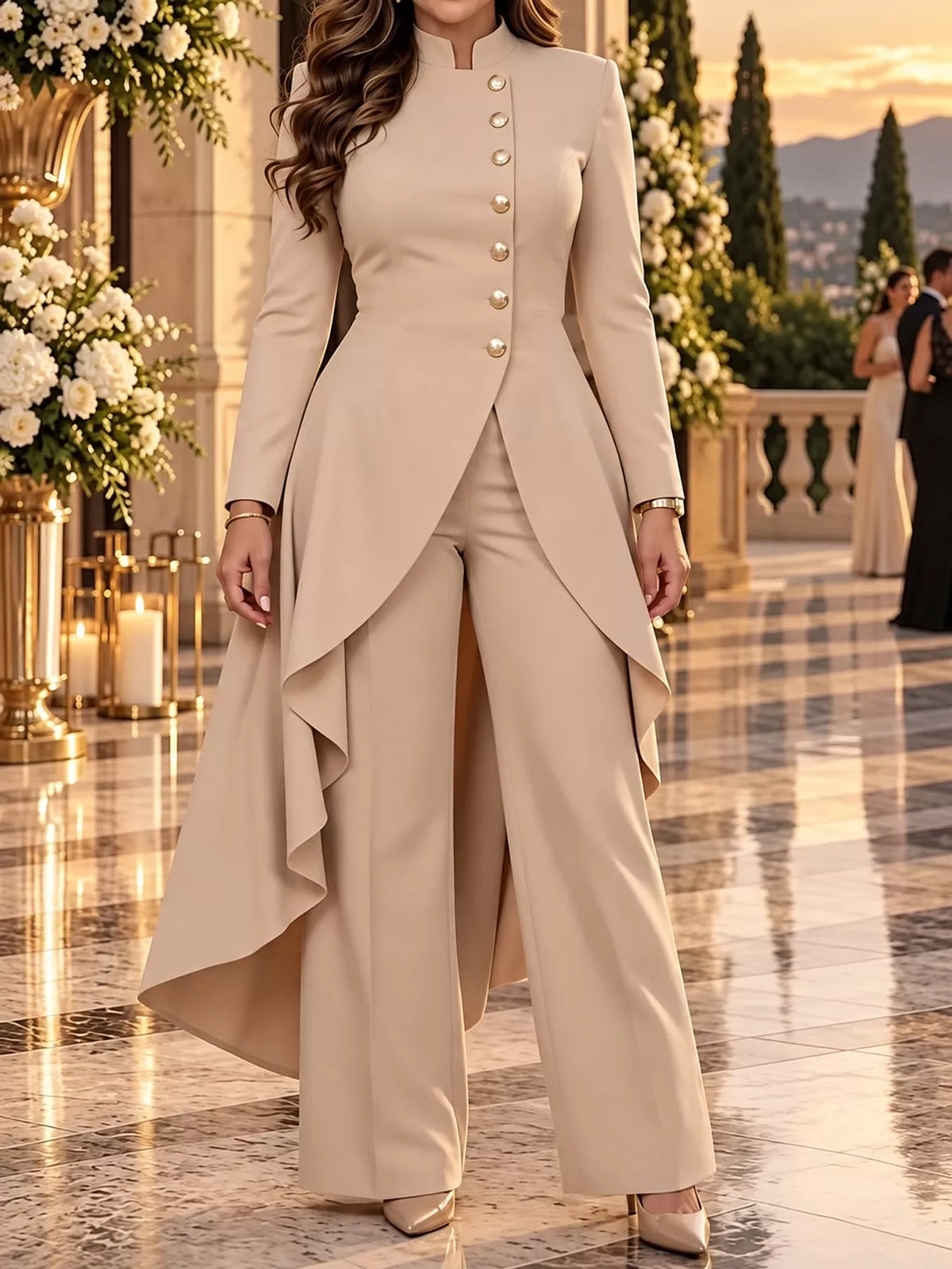 Ruffled High-Low Button Tunic & Wide-Leg Pants Set in Khaki by Belle Bijouix – view 53 of 82