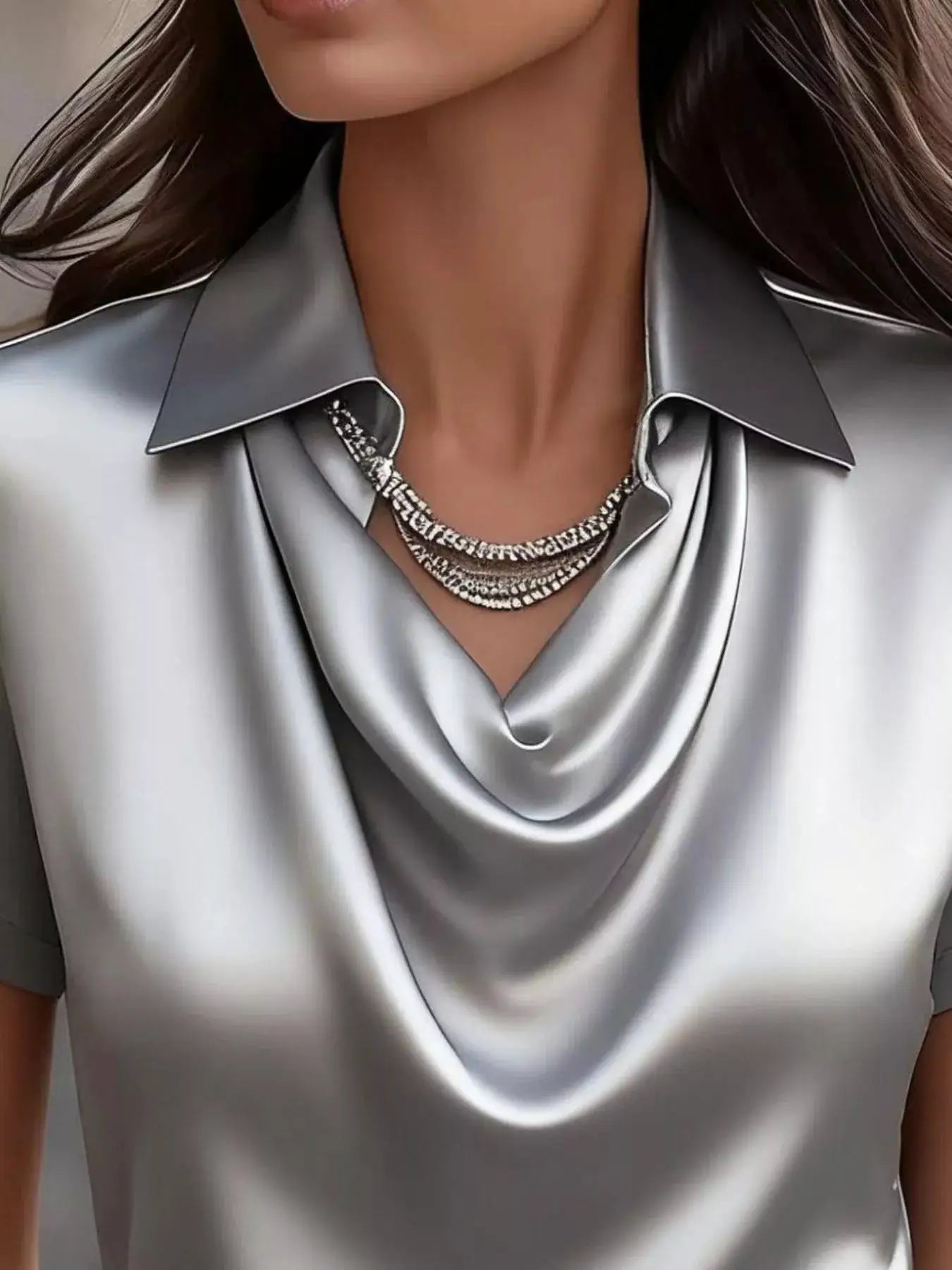 Full-size satin blouse with silver cowl neck and short sleeves