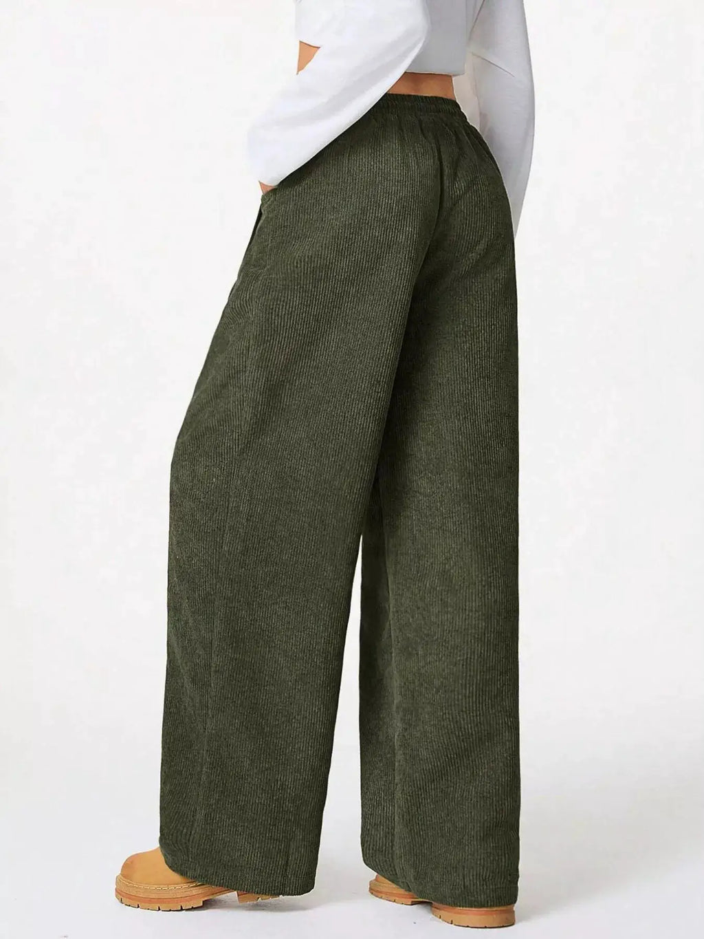 Casual Corduroy Wide-Leg Pants by Belle Bijouix, olive green with drawstring waist and pockets
