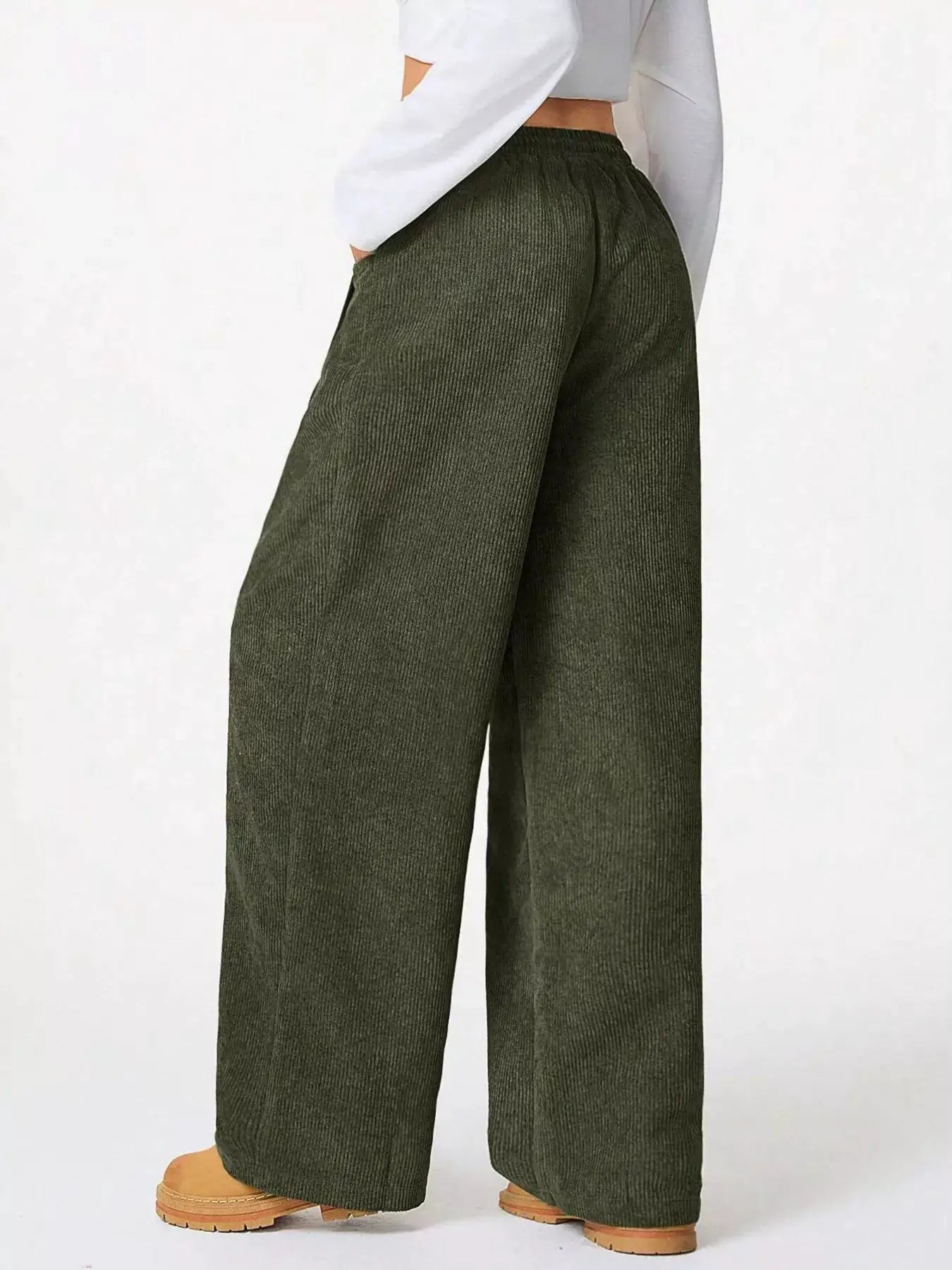 Casual Corduroy Wide-Leg Pants by Belle Bijouix, olive green with drawstring waist and pockets