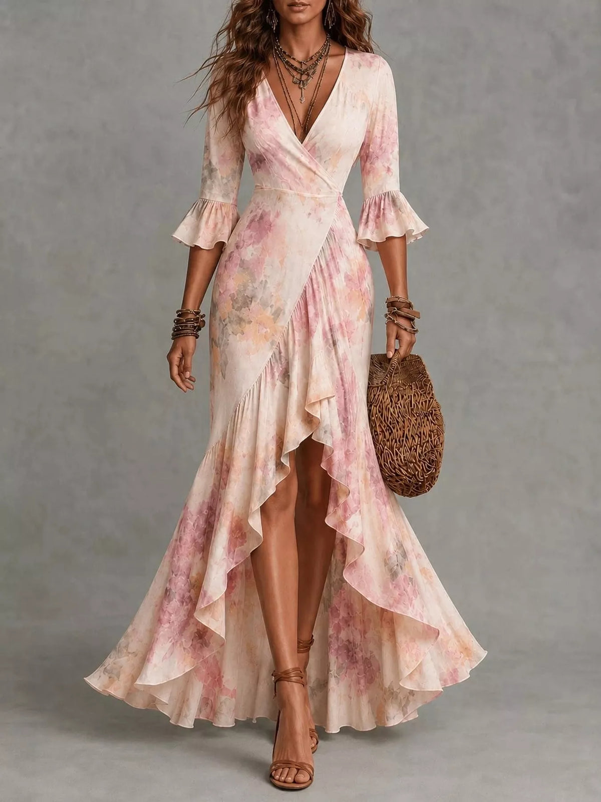 Floral Surplice High-Low Ruffle Maxi Dress in Dusty Pink by Belle Bijouix – view 17 of 20