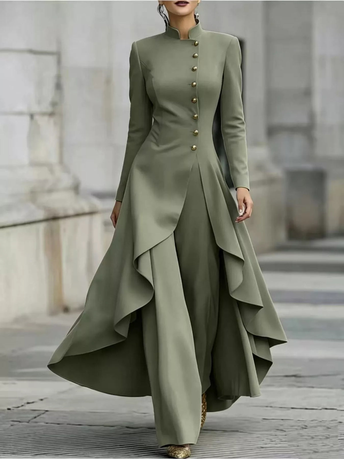 Ruffled High-Low Button Tunic & Wide-Leg Pants Set in Army Green by Belle Bijouix – view 31 of 82