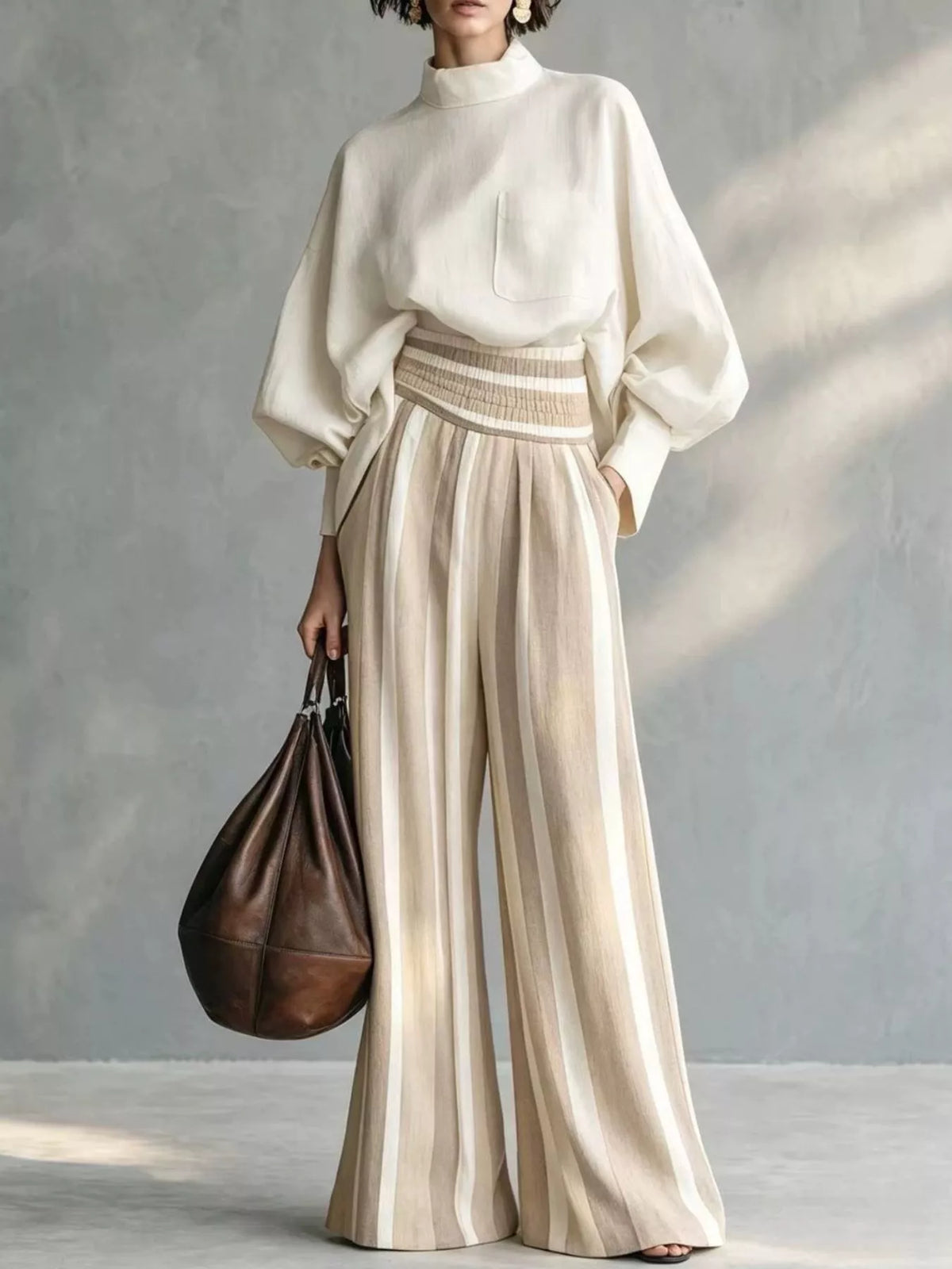 Mock Neck Blouse & Striped Wide-Leg Pants Set in Apricot by Belle Bijouix – view 5 of 12