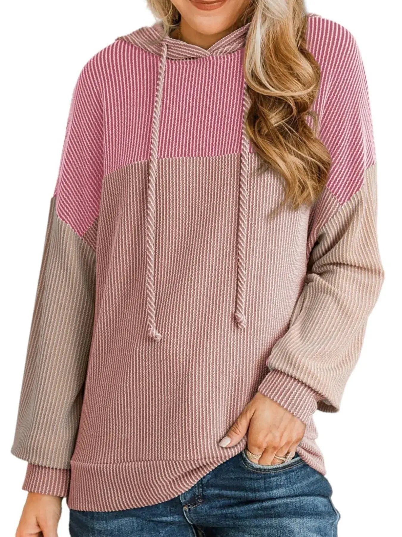Drawstring color-block long-sleeve hoodie by Belle Bijouix in pink and beige knit.