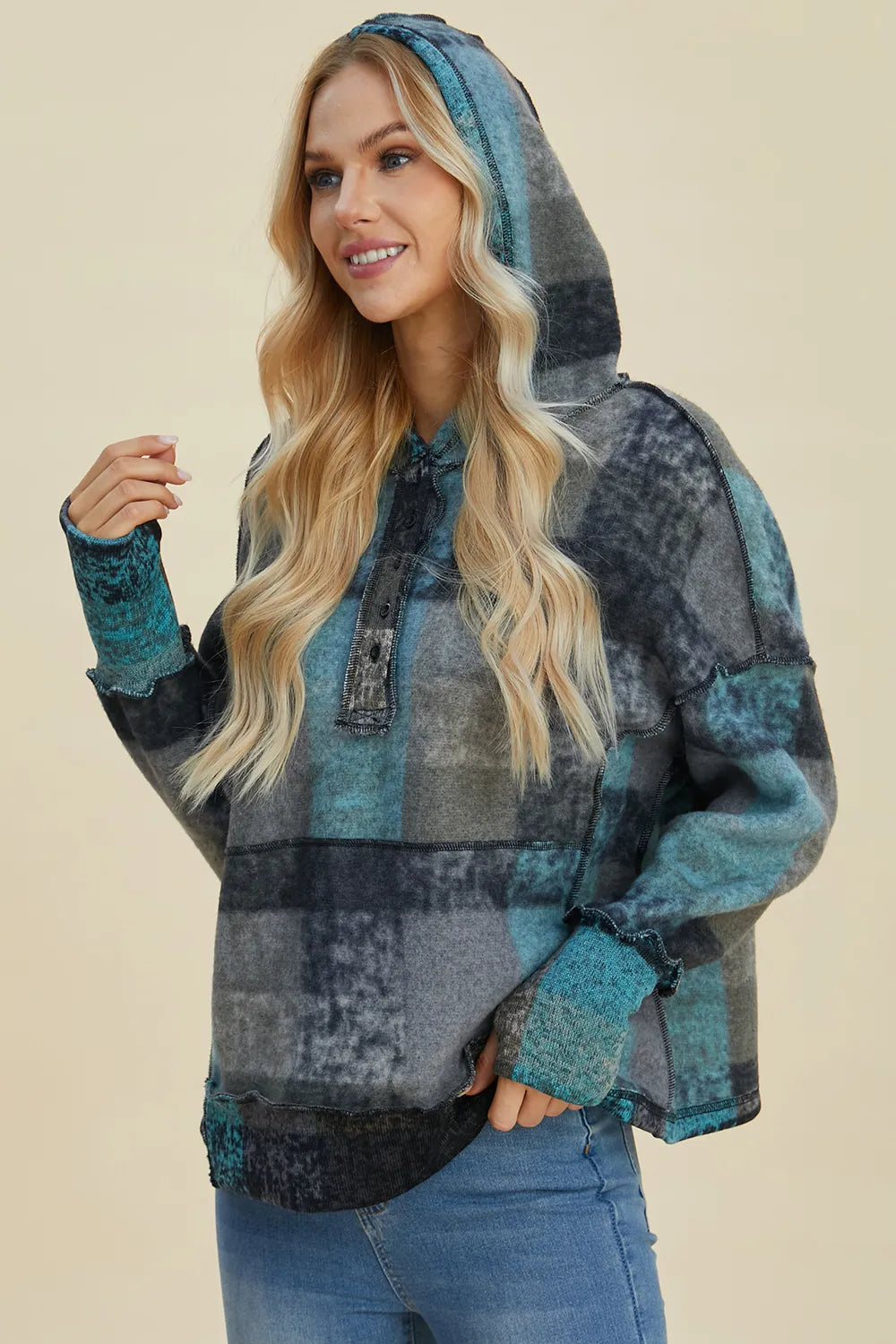 Double Take plaid fleece hoodie, oversized dropped-shoulder top in teal gray patchwork