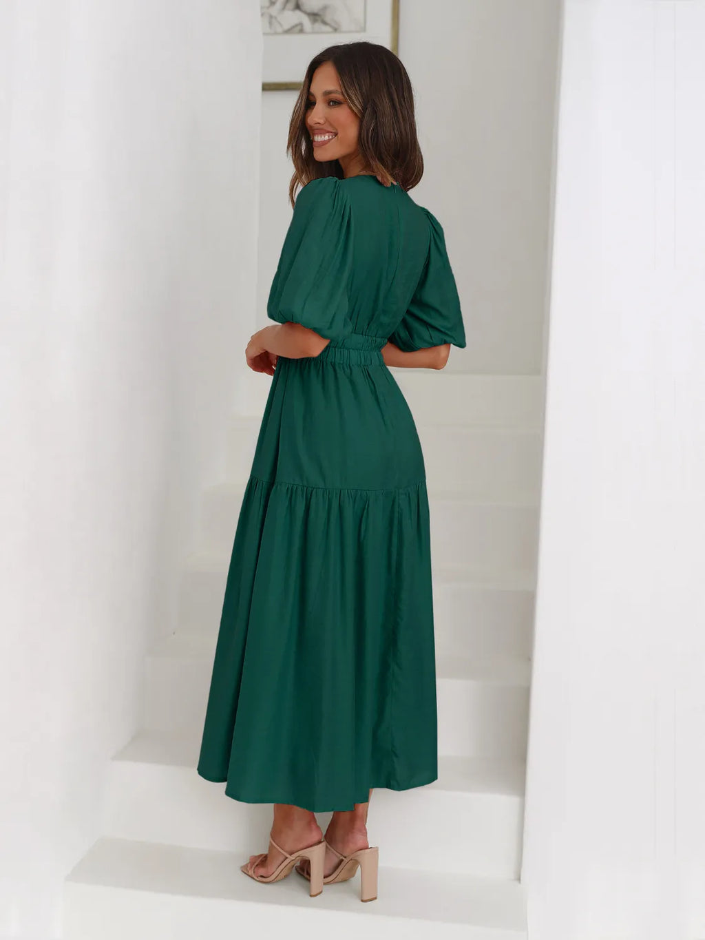 Tiered Surplice Half-Sleeve Midi Dress, green by Belle Bijouix