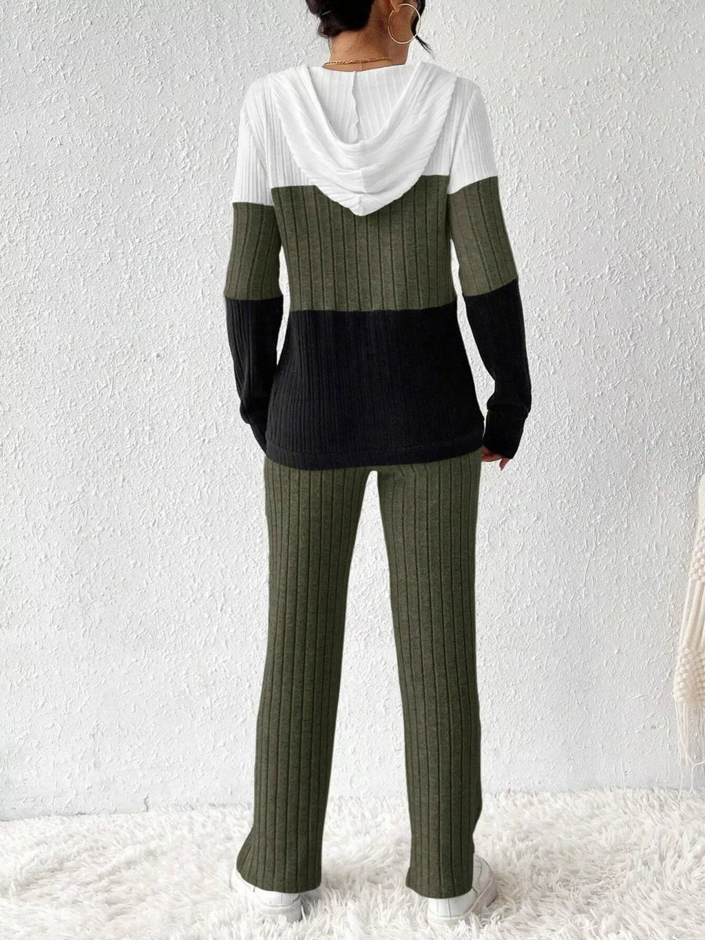 Color Block Half Zip Hooded Top and Pants Set by Belle Bijouix in white, olive green and black rib knit