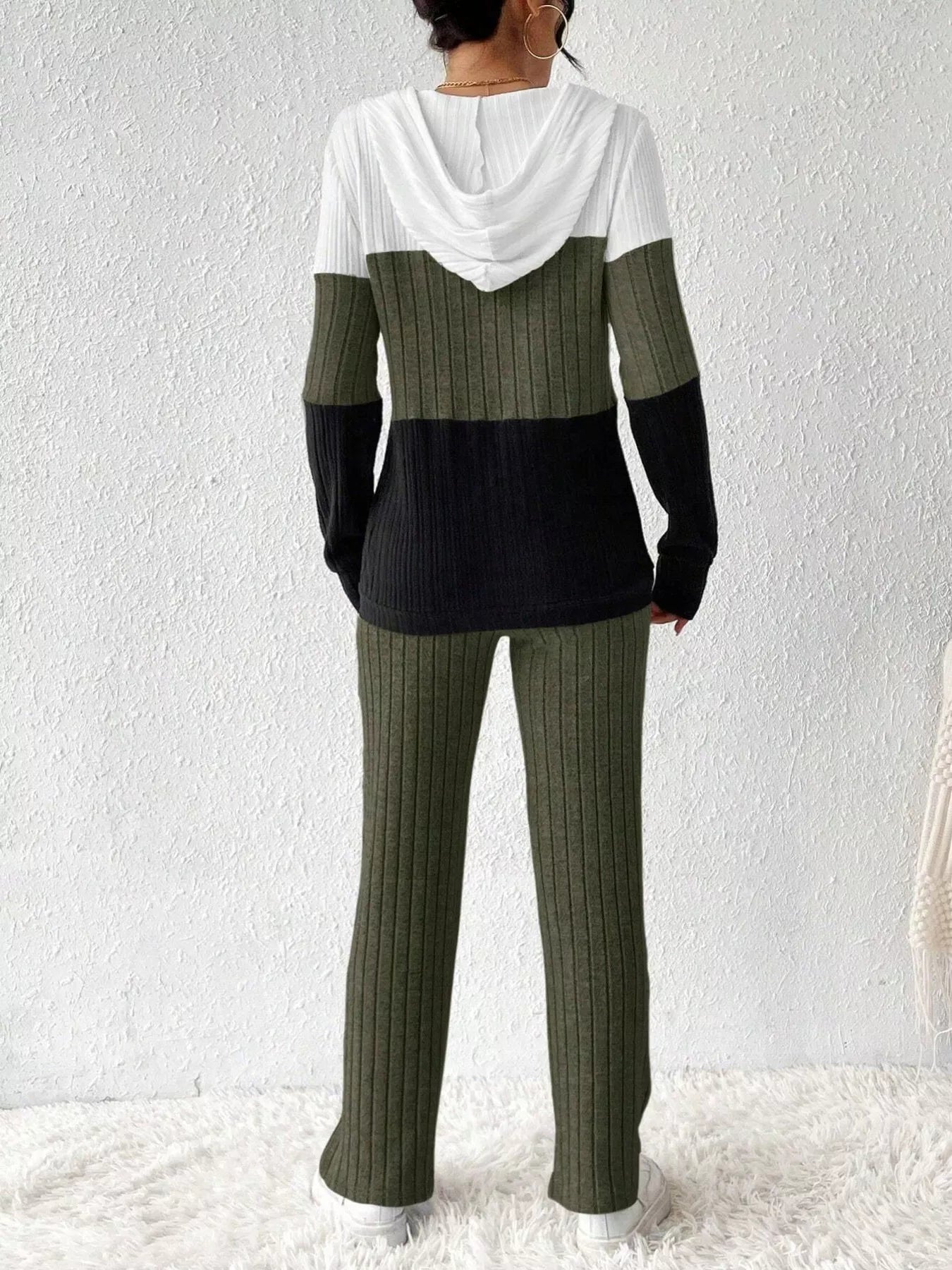 Color Block Half Zip Hooded Top and Pants Set by Belle Bijouix in white, olive green and black rib knit