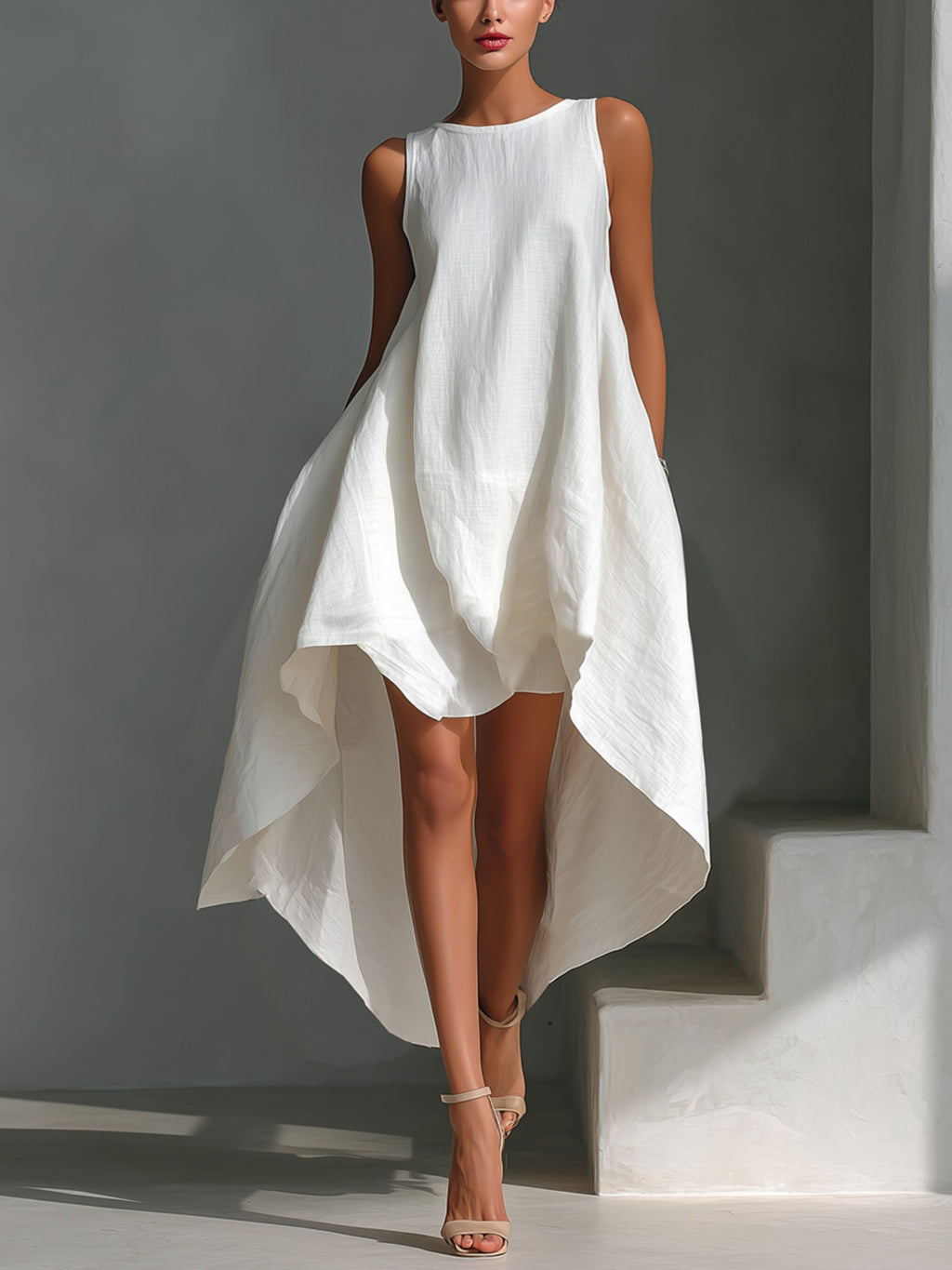 Sleeveless high-low hem dress in white linen fabric, Trendsi