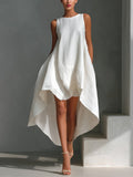 Sleeveless high-low hem dress in white linen fabric, Trendsi