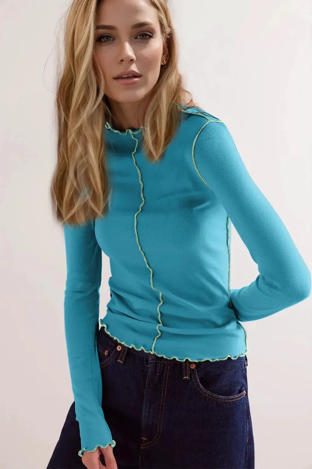 Basic Bae Contrast Trim Mock Neck Long Sleeve Top in teal with lime-green stitching