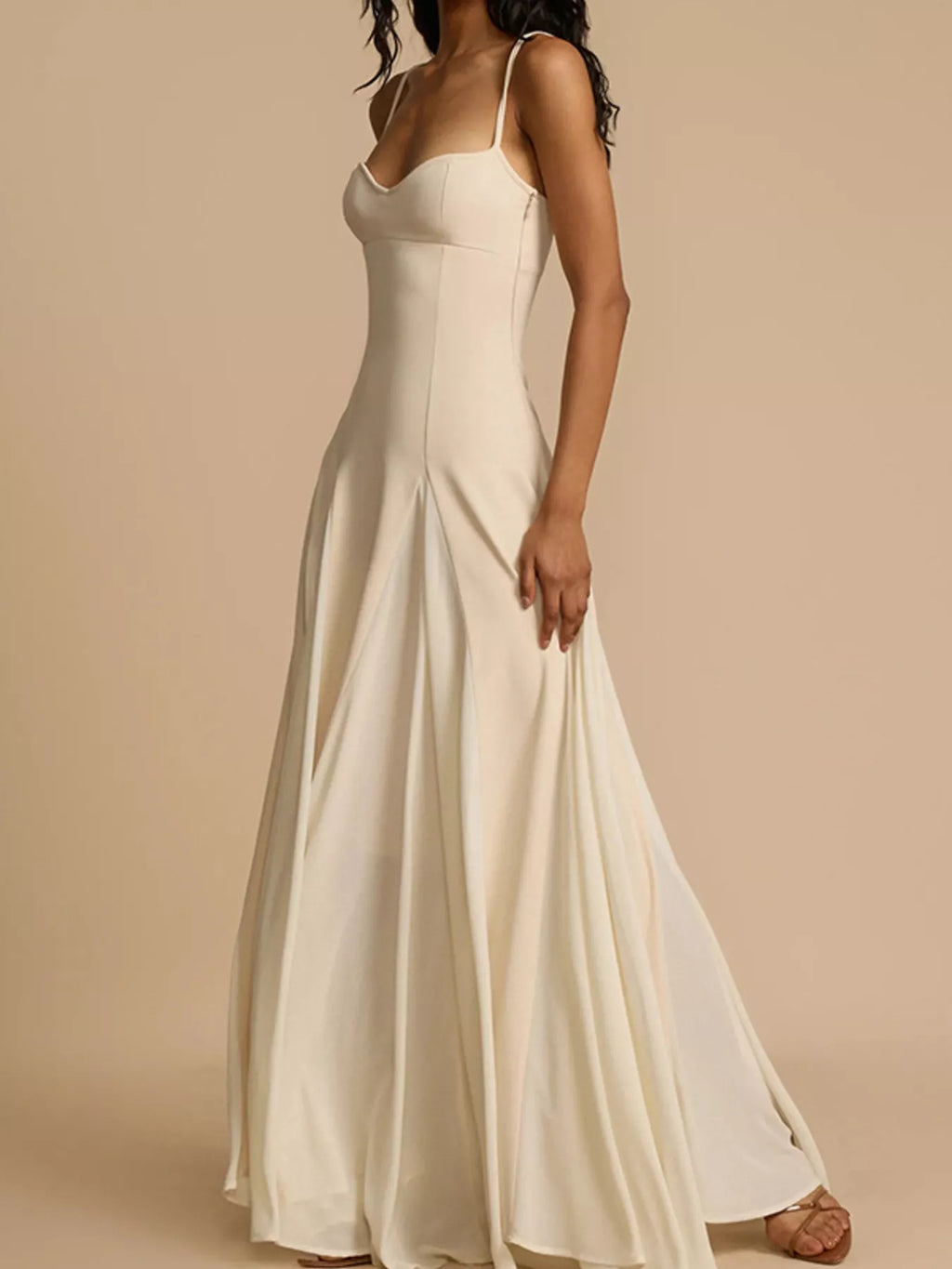Sweetheart-neck spaghetti-strap flowy ivory maxi dress by Trendsi, full-length gown.