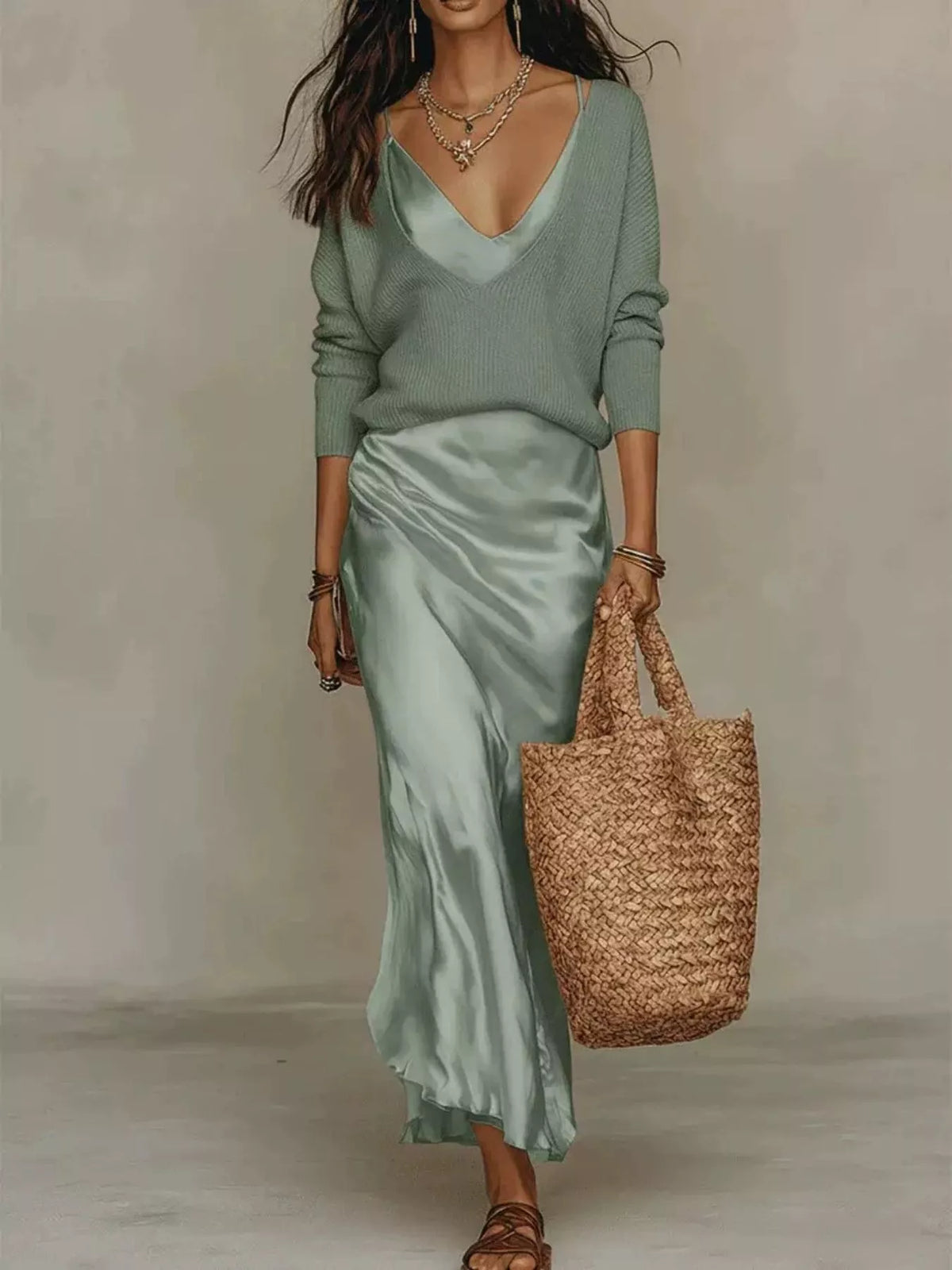 V-Neck Sweater & Satin Slip Maxi Dress Set in Teal by Belle Bijouix – view 33 of 41
