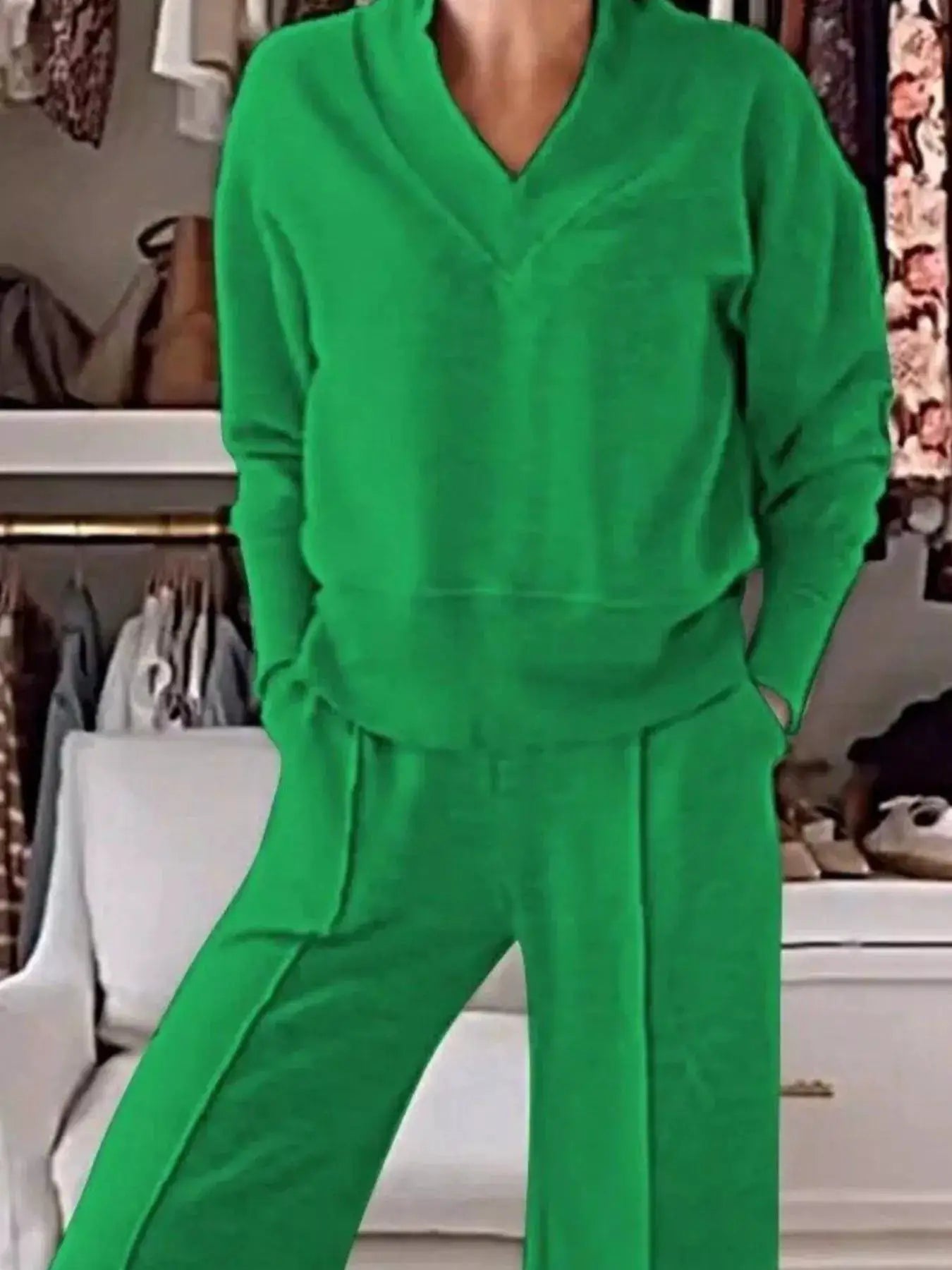 Plus-size full-size cozy green v-neck top and pants set by Belle Bijouix with pockets