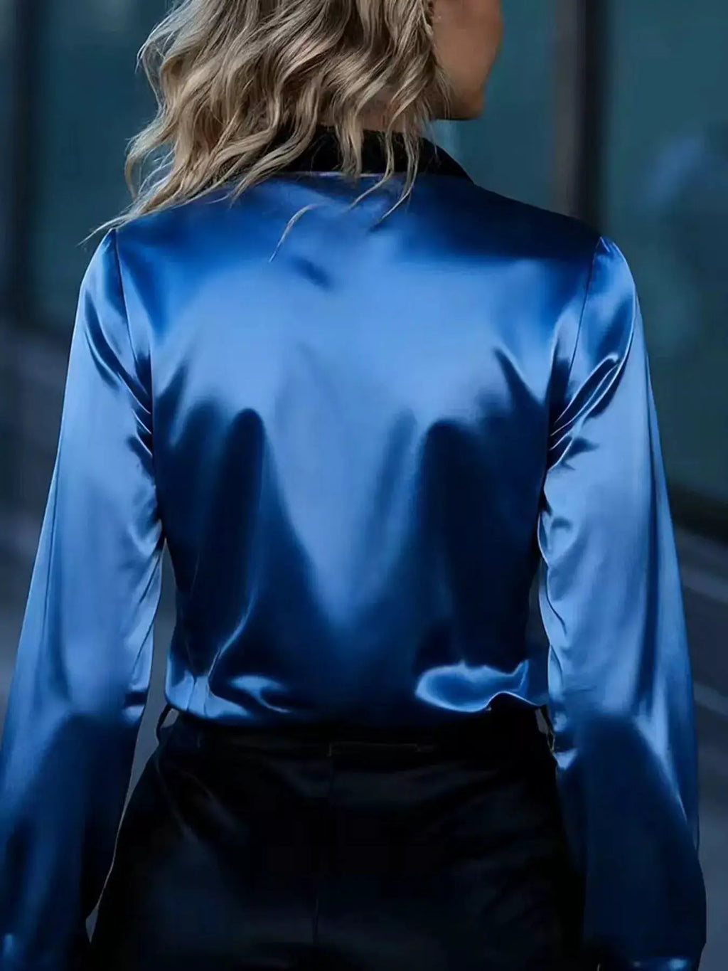 Button-Up Long-Sleeve Shirt by Belle Bijouix, blue satin, back view.