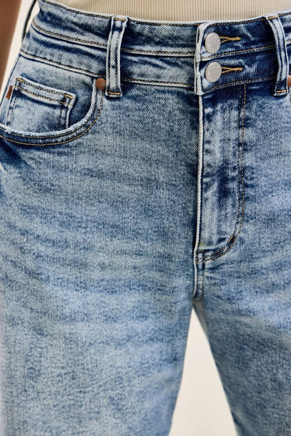 Judy Blue high-waist Marlow Arc Leg jeans, light-wash denim with double waistband