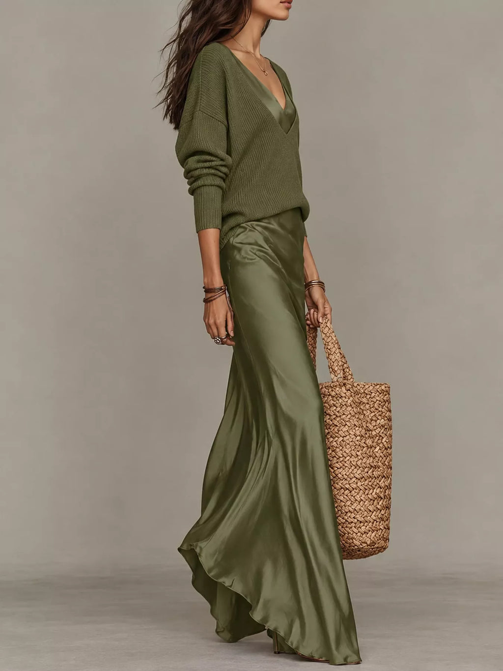 V-Neck Sweater & Satin Slip Maxi Dress Set in Dark Green by Belle Bijouix – view 2 of 41