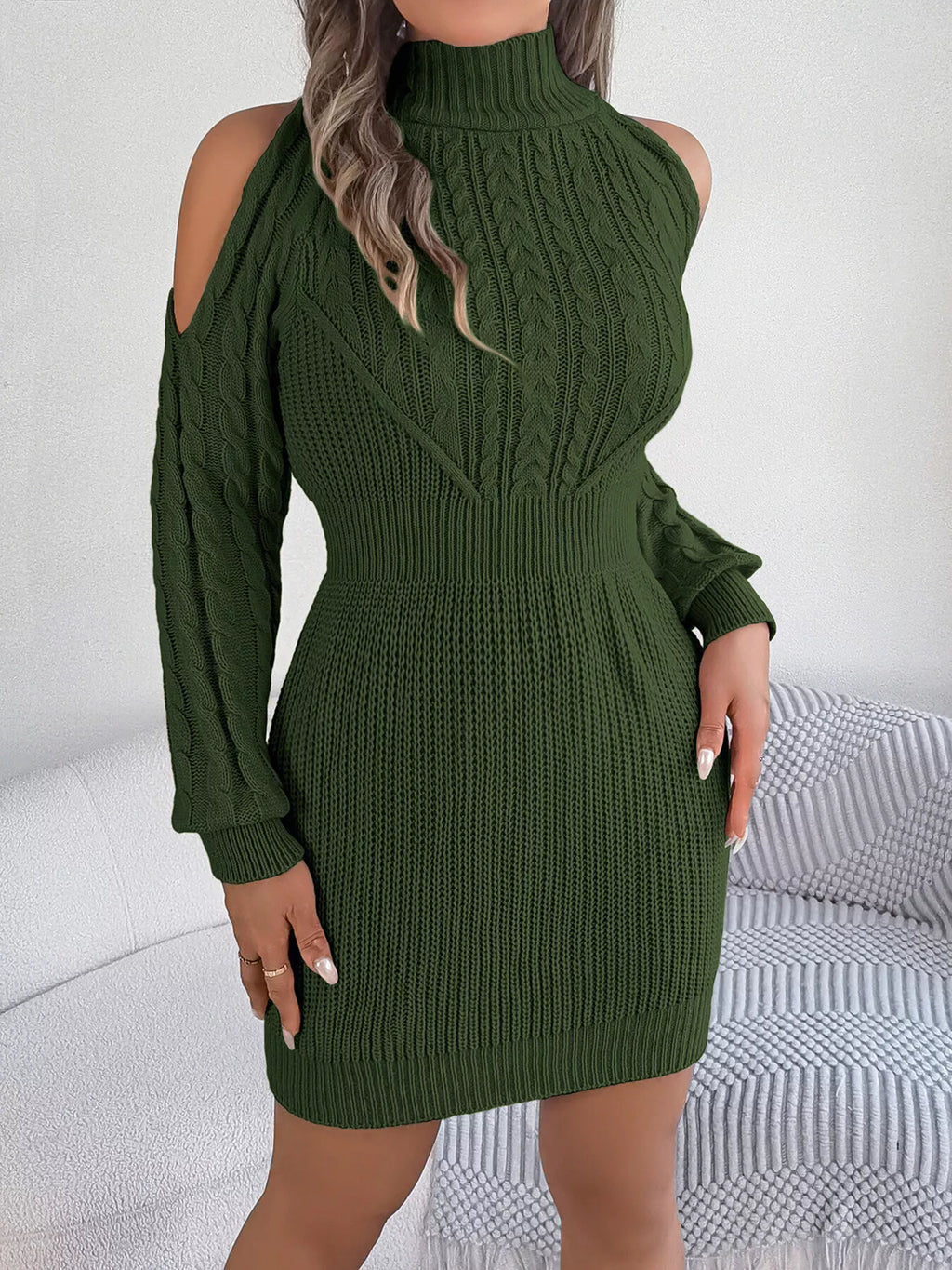 Cold Shoulder Cable Knit Turtleneck Sweater Dress in emerald green by Belle Bijouix.