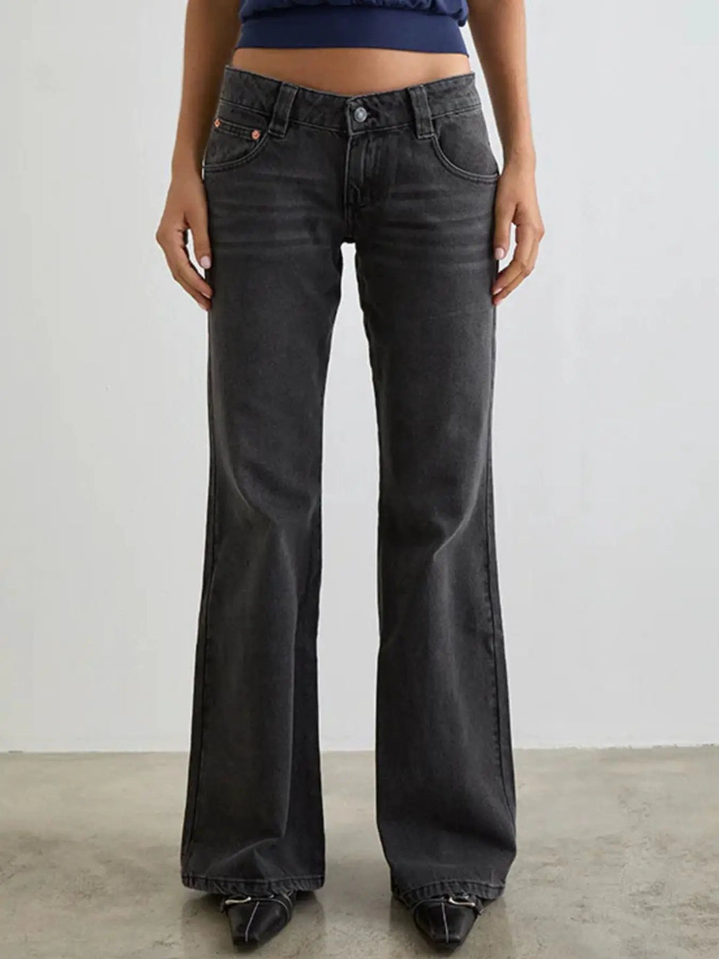 Low Rise Flare Leg Jeans by Belle Bijouix, dark wash with pockets and button closure