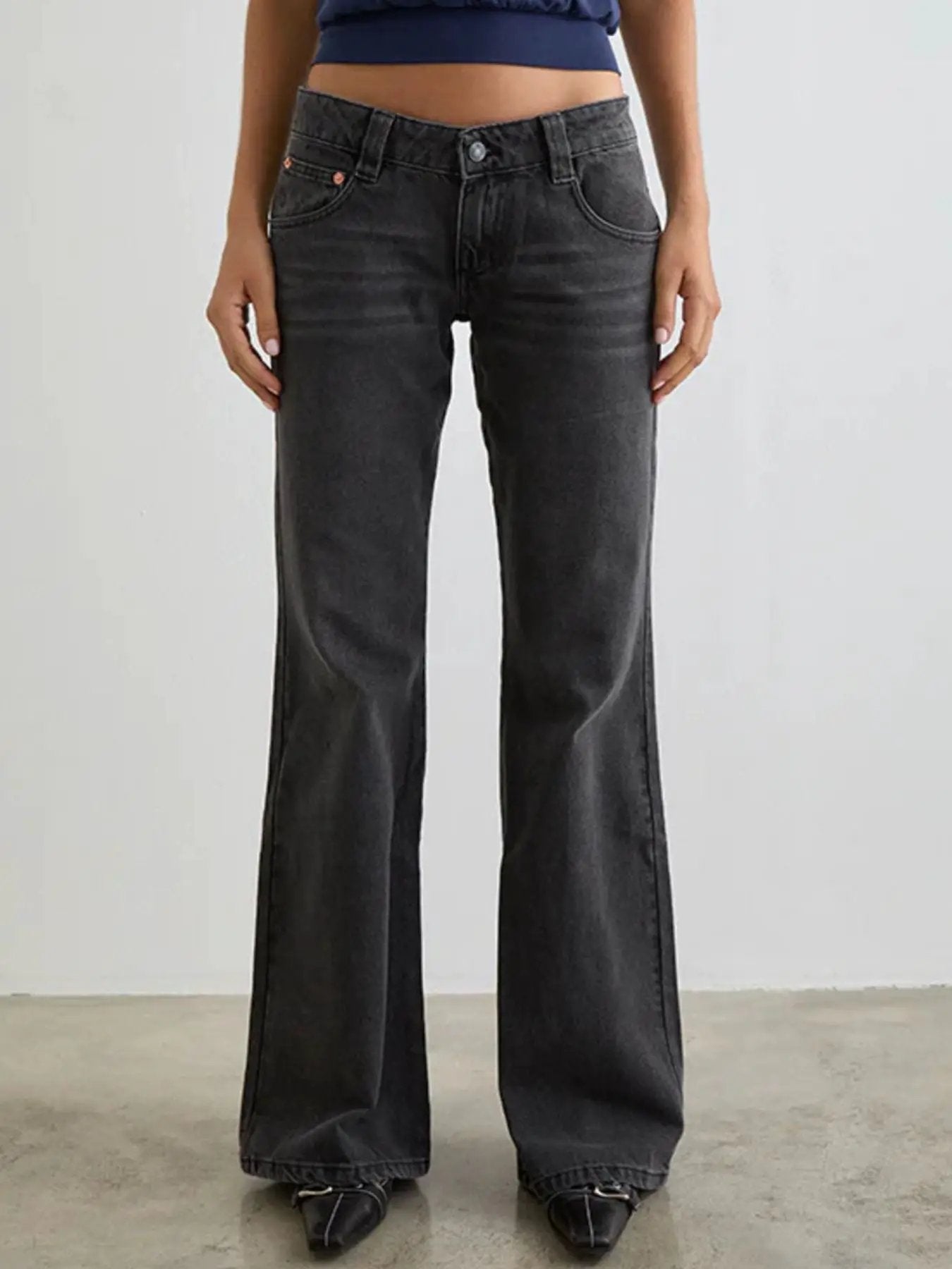 Low Rise Flare Leg Jeans by Belle Bijouix, dark wash with pockets and button closure